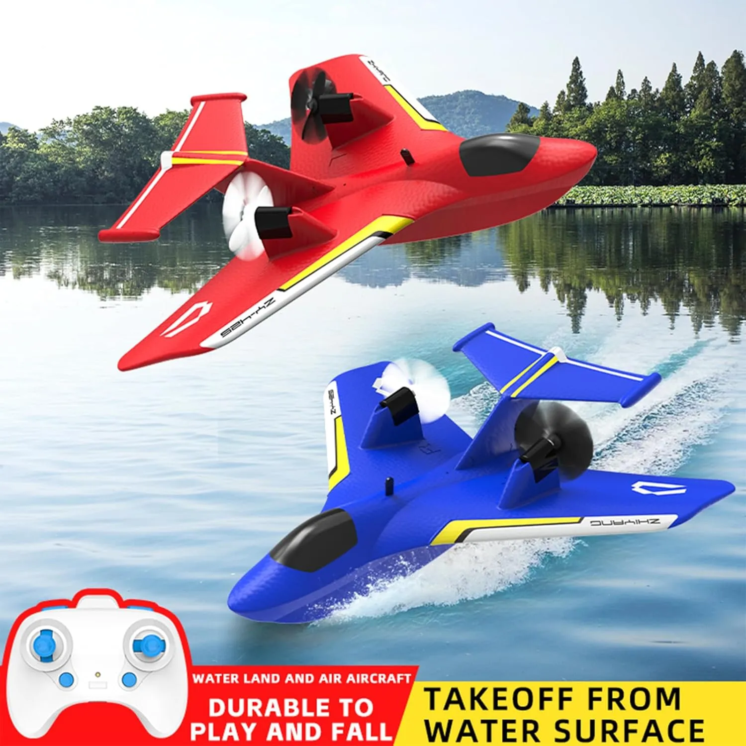 Remote Control Wireless Airplane Toy, Gravity Gliders Airplane With Lights, Rc Plane For Water Land & Air, Rc Float Plane, 2.4G 2 Channels Rc Remote Control Fighter Model Toy For Adults Kids (Blue)