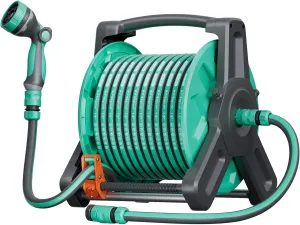 Retractable Garden Hose Reel 1/2 '' x 100 ft, Wall/Floor Mounted Water Hose Holder with 10 Pattern Hose Nozzle, Protable Garden Hose Reel Outdoor Tools for Car Washing, Watering