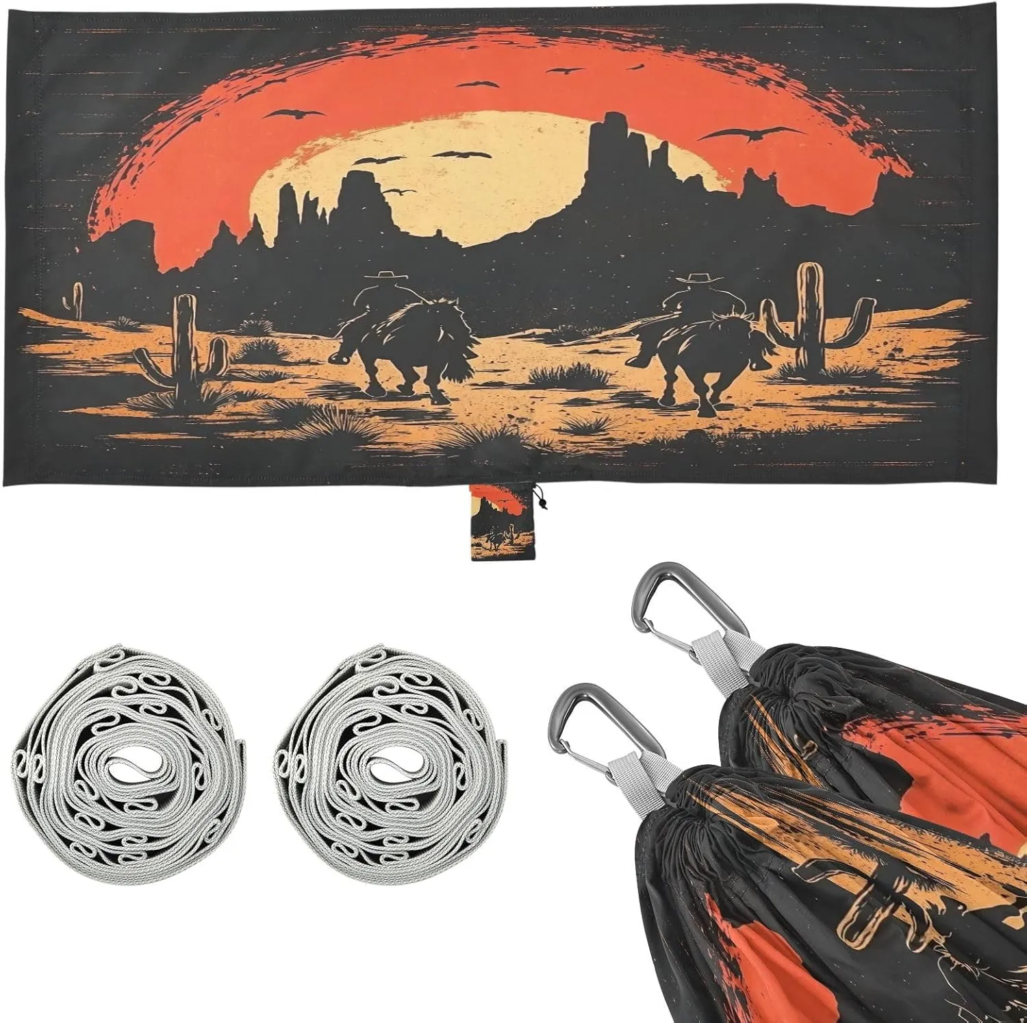 Retro Desert Troop Cowboy Camping Hammock, Single Portable Hammocks with Tree Straps & Attached Carry Bag, 330Lbs Capacity Perfect for Outside Indoor Hiking Beach Backpack Travel