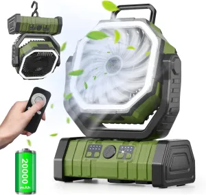 Richday Rechargeable Portable Camping Fan 20000mAh Battery Powered Outdoor Fans with LED Lantern Light USB Charging, Cordless Personal Fan for Tent Travel Camp Desk Car Home Work