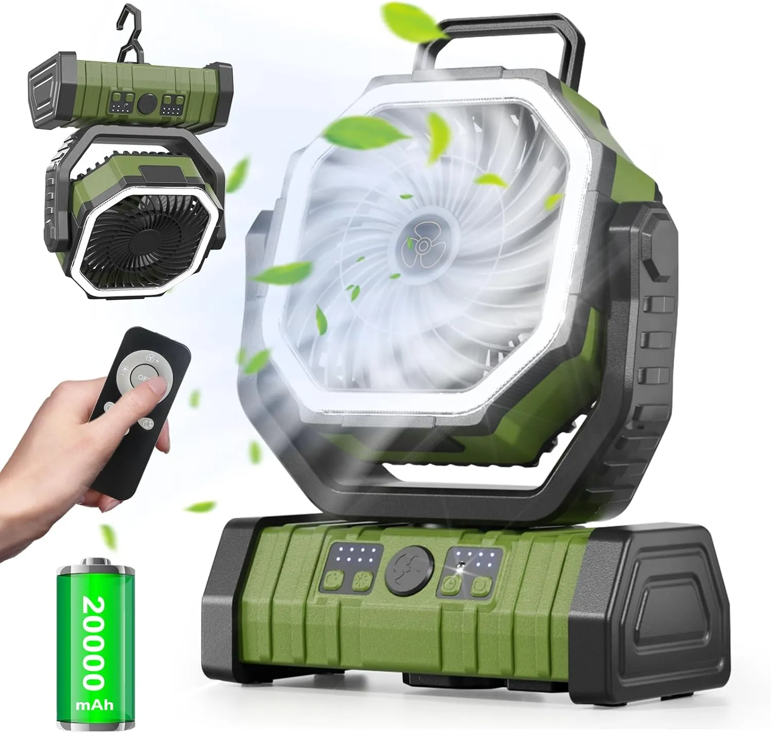 Richday Rechargeable Portable Camping Fan 20000mAh Battery Powered Outdoor Fans with LED Lantern Light USB Charging, Cordless Personal Fan for Tent Travel Camp Desk Car Home Work