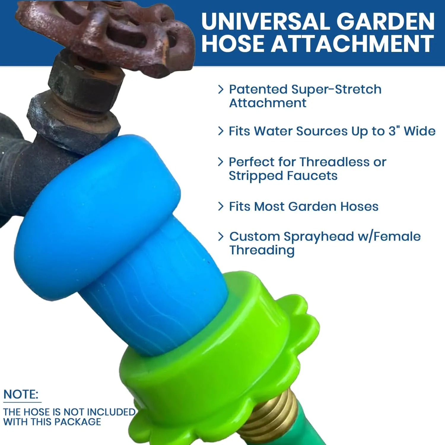 Rinseroo: Stretch-Connect Garden Hose Attachment Sleeve & Sprayhead, Universal Hose Connector — Easily Connect a Hose to Water Sources Upto 3" Wide, BPA Free Faucet to Hose Adapter for RV & Camping