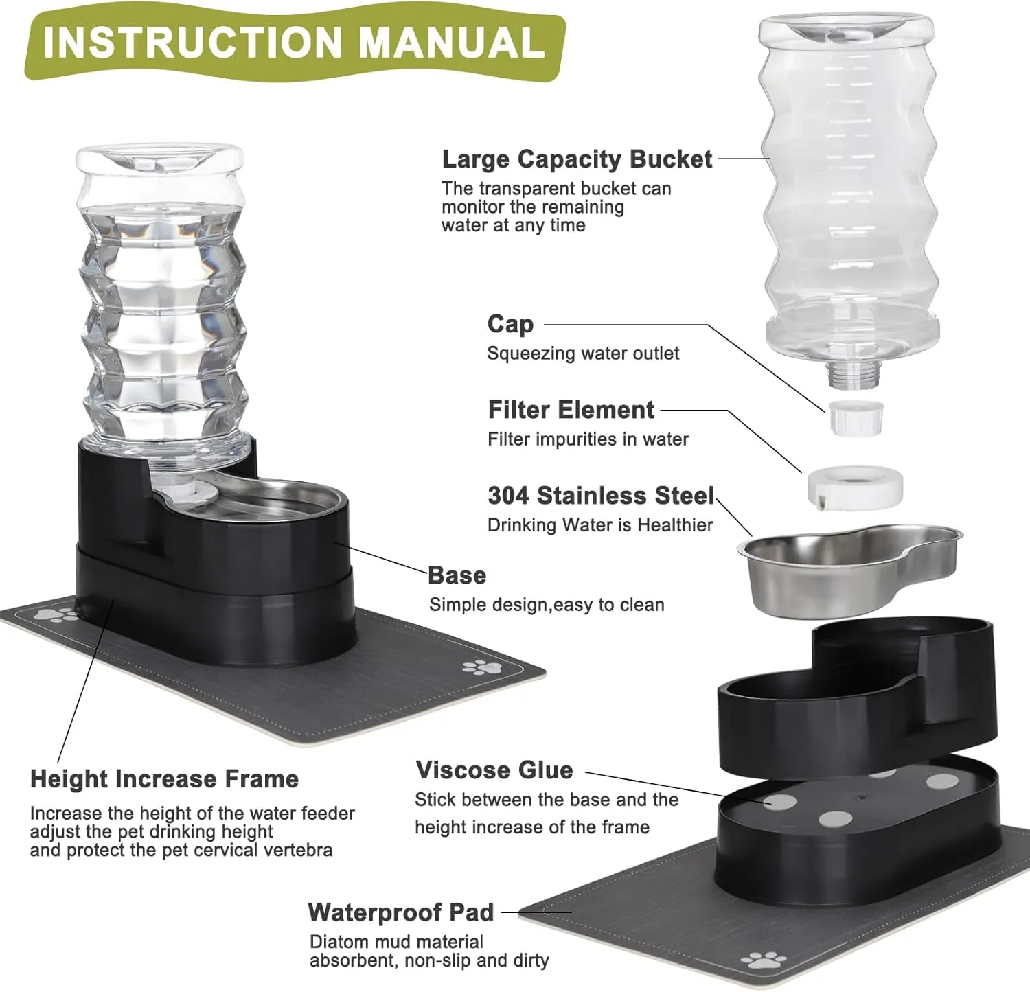 RIZZARI 8L Raised Automatic Pet Waterer, Gravity fed Stainless Steel Waterer, 100% BPA Free, Large Capacity Feeder for Cats and Medium to Large Dogs (Black,8L)