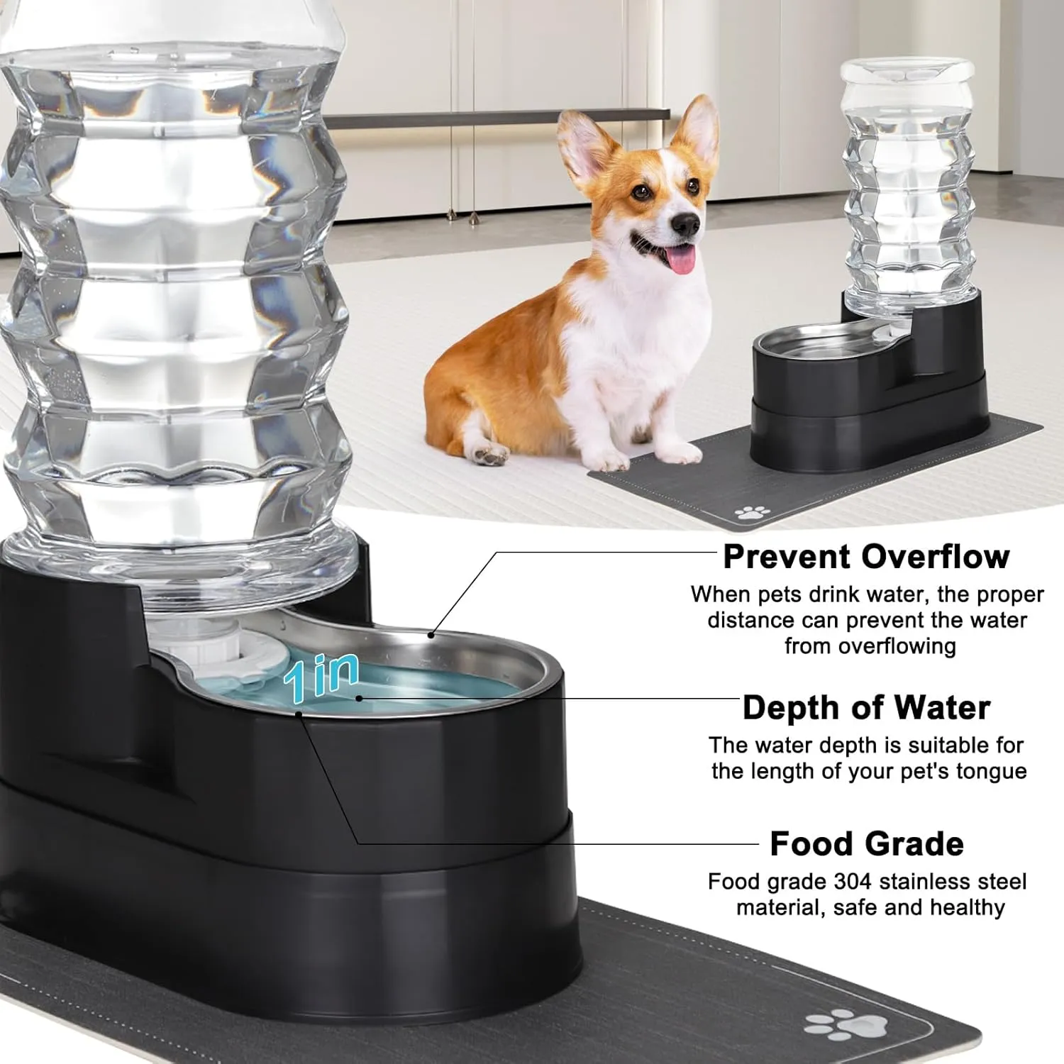 RIZZARI 8L Raised Automatic Pet Waterer, Gravity fed Stainless Steel Waterer, 100% BPA Free, Large Capacity Feeder for Cats and Medium to Large Dogs (Black,8L)