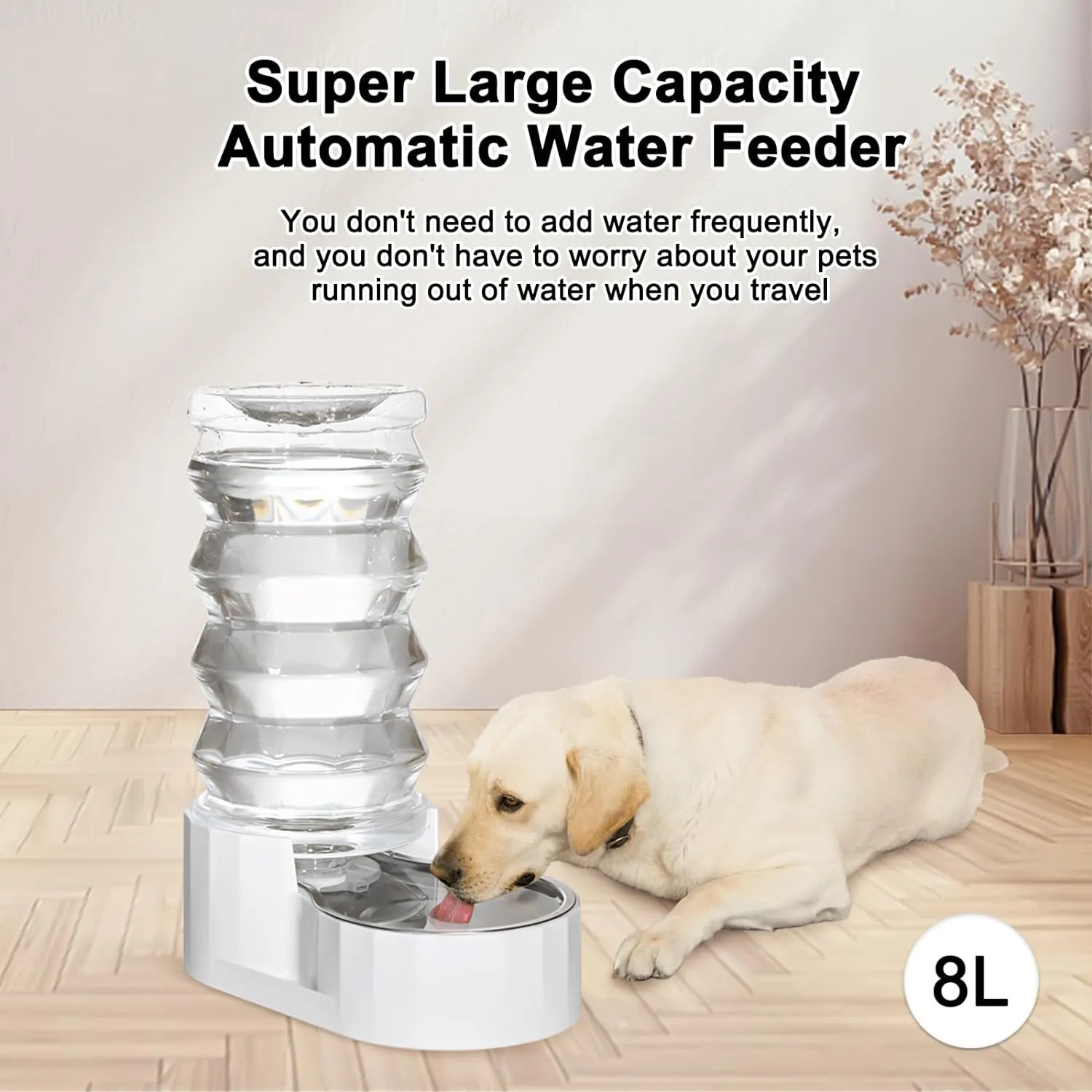 RIZZARI Upgraded 8L Automatic Gravity Dog Water Bowl Dispenser, 100% BPA-Free, Stainless Steel Cat Water Dispenser, Large Capacity Water Dispenser with Two Caps and Filters (Pure White,8L)