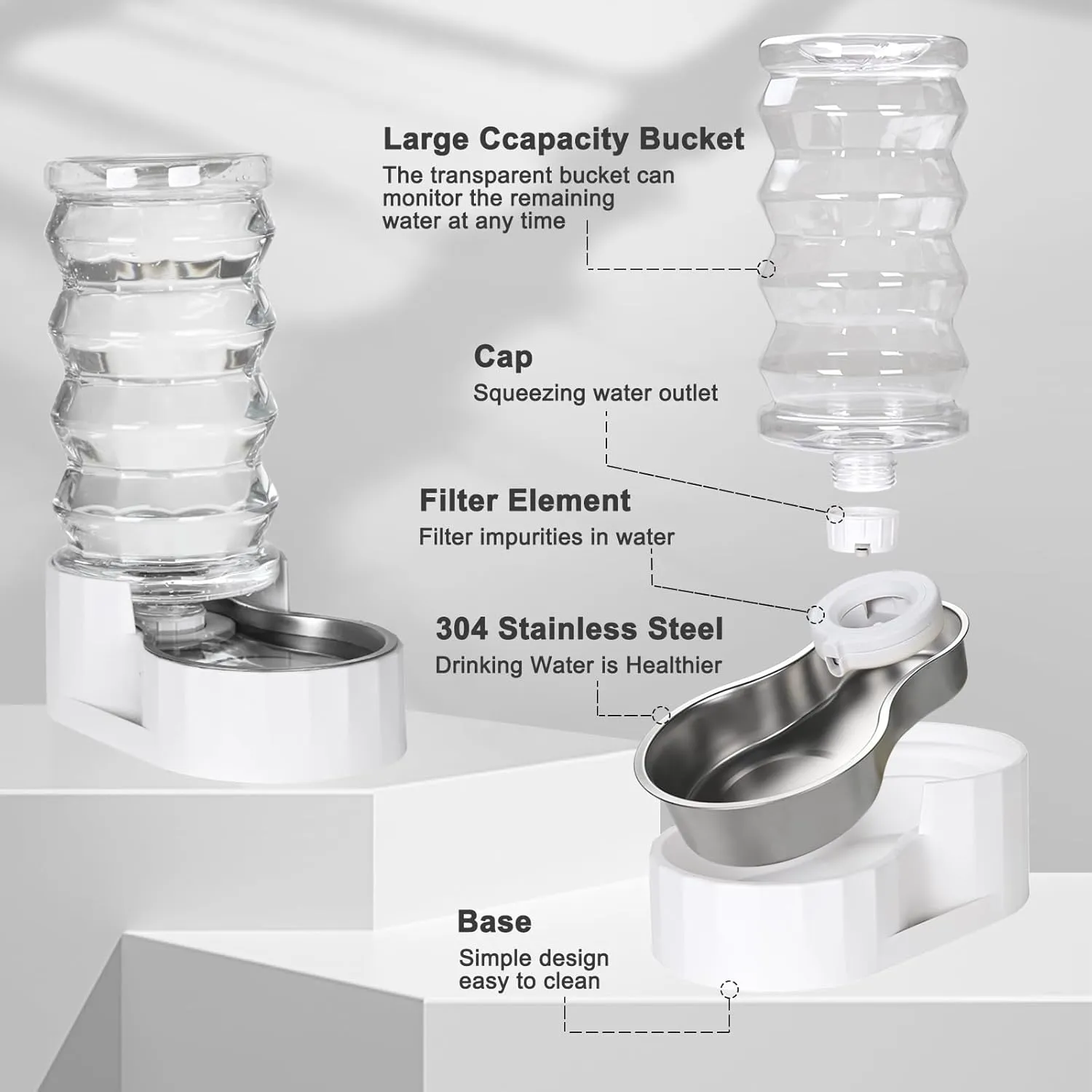 RIZZARI Upgraded 8L Automatic Gravity Dog Water Bowl Dispenser, 100% BPA-Free, Stainless Steel Cat Water Dispenser, Large Capacity Water Dispenser with Two Caps and Filters (Pure White,8L)