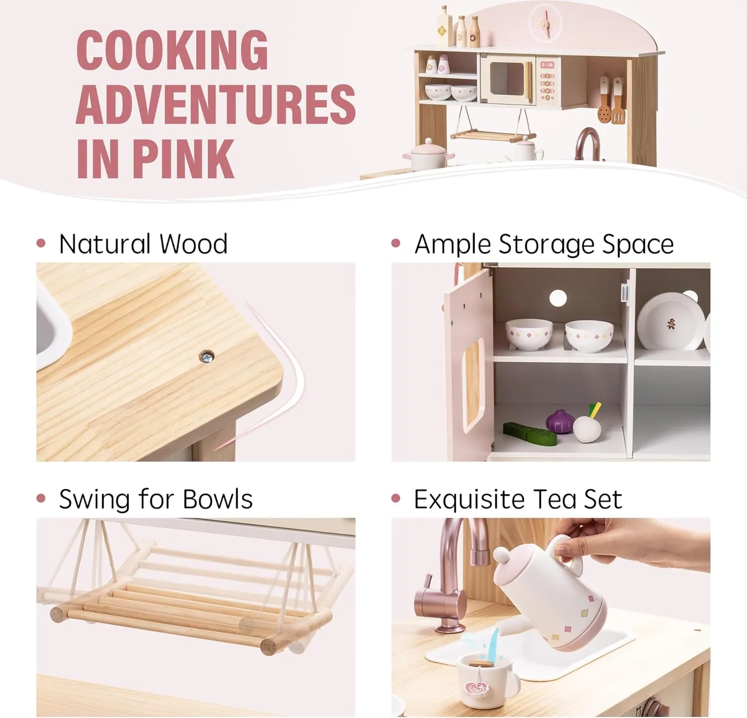 ROBOTIME Wooden Play Kitchen Set, Pretend Play Kitchen Set for Kids with Realistic Design, Kids & Toddlers Kitchen Playset with Dishwasher, Toy Kitchen Set for Boys and Girls Ages 3  (Pink)