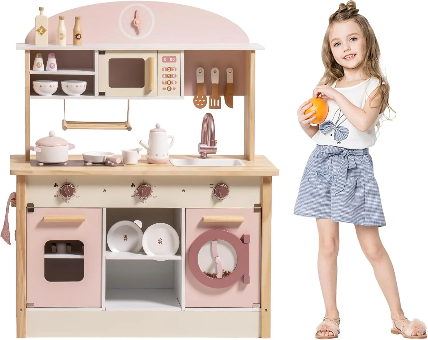 ROBOTIME Wooden Play Kitchen Set, Pretend Play Kitchen Set for Kids with Realistic Design, Kids & Toddlers Kitchen Playset with Dishwasher, Toy Kitchen Set for Boys and Girls Ages 3  (Pink)