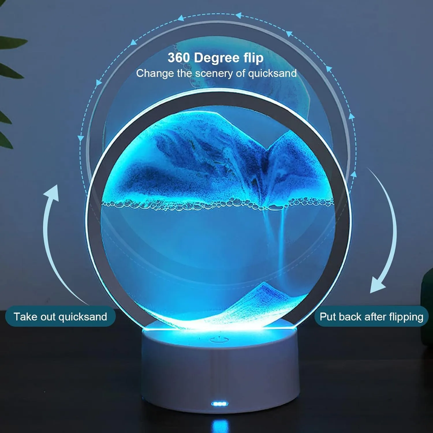 rysnwsu Moving Sand Art Picture Round Glass 3D Deep Sea Sandscape in Motion Display Flowing Sand Frame, Children's Large Desktop Art Toys, Home & Office Desktop Decorations(Blue, Button-Crotrol)