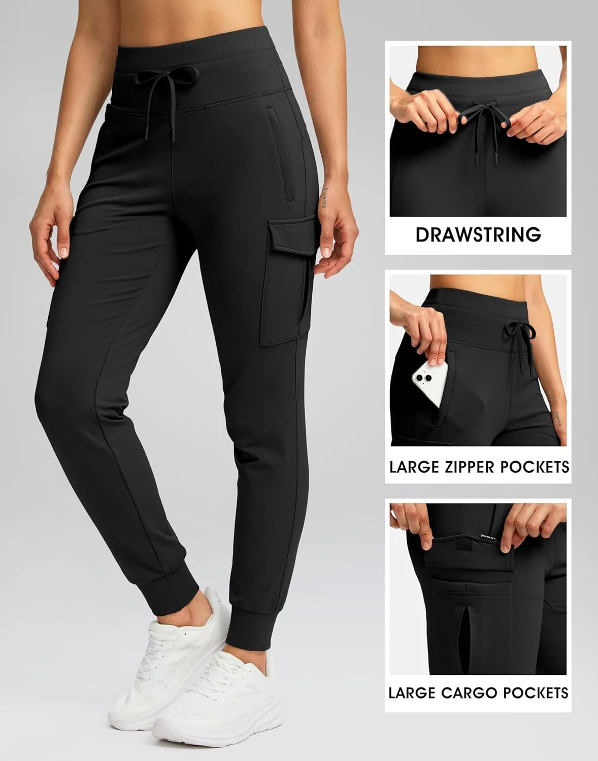 SANTINY Women Fleece Lined Cargo Joggers High Waisted Winter Warm Waterproof Hiking Pants with Zipper Pockets