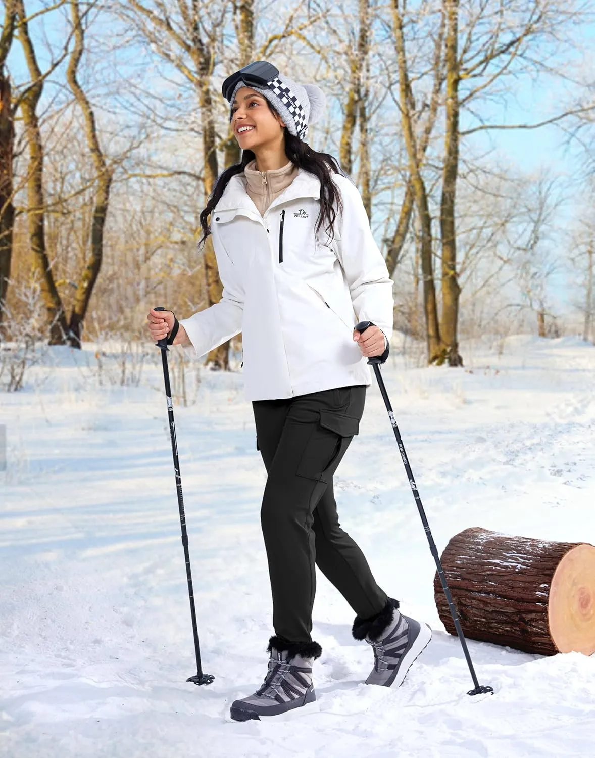 SANTINY Women Fleece Lined Cargo Joggers High Waisted Winter Warm Waterproof Hiking Pants with Zipper Pockets
