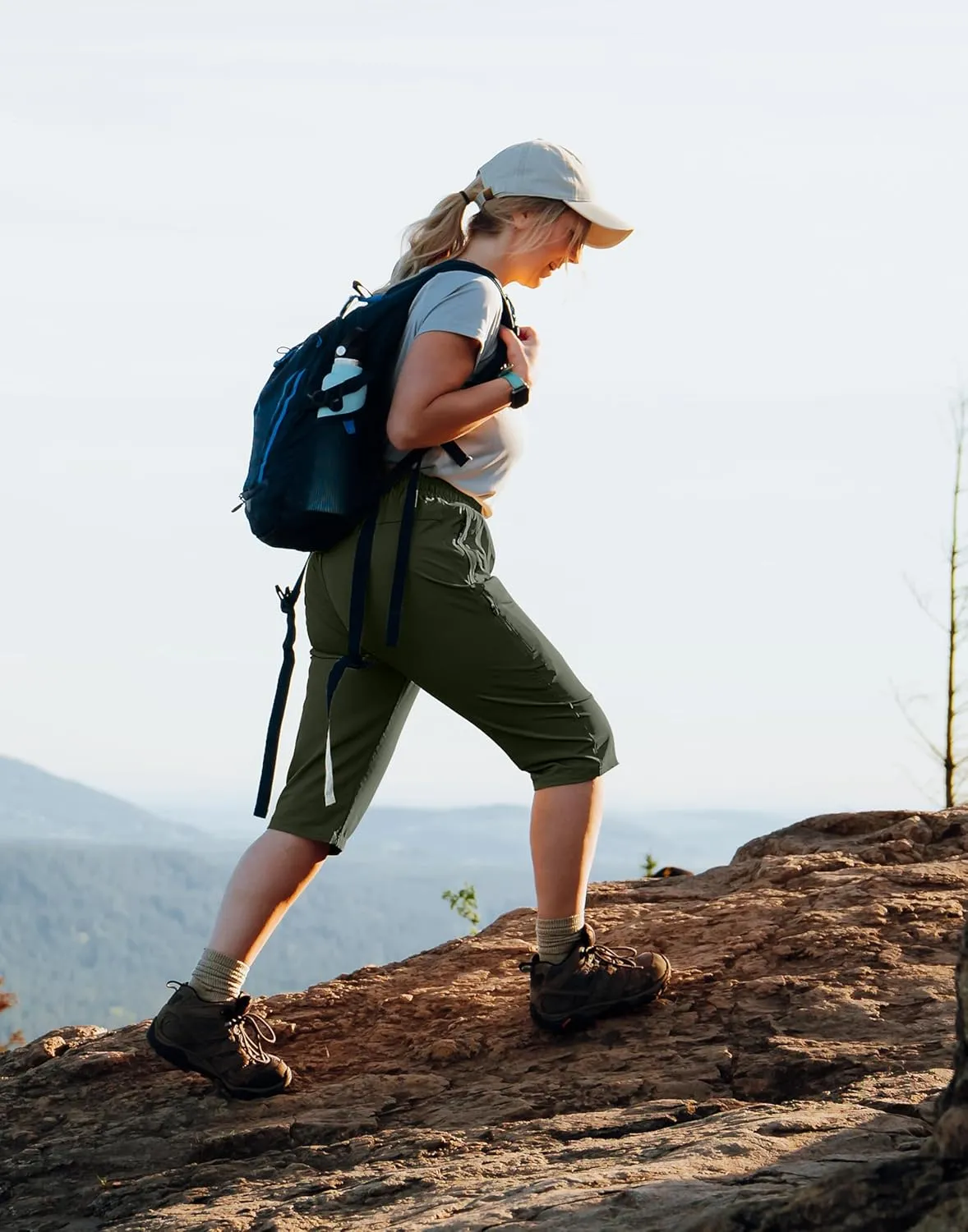 SANTINY Women's 15" Long Shorts with Pockets Below The Knee Length Hiking Cargo Capris Lightweight Quick Dry Bermuda Shorts