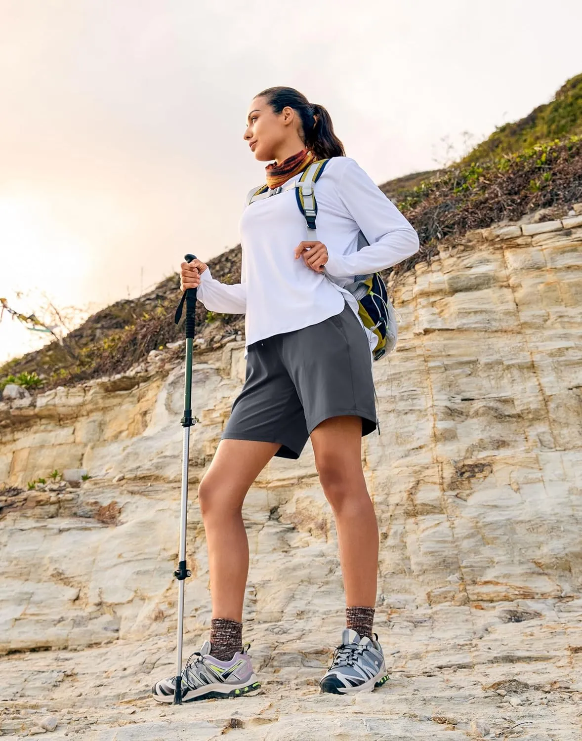 SANTINY Women's 7''/ 9'' Hiking Shorts with 3 Zipper Pockets Lightweight Quick Dry Long Athletic Golf Shorts for Women Casual