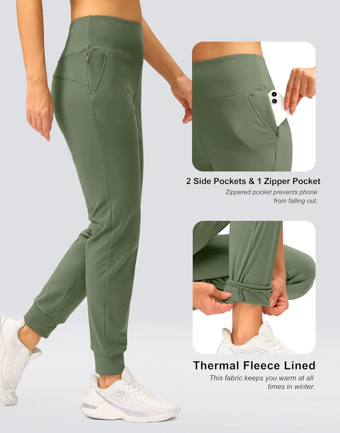 SANTINY Women's Fleece Lined Joggers Water Resistant High Waisted Thermal Sweatpants Winter Pants Hiking Running Pockets