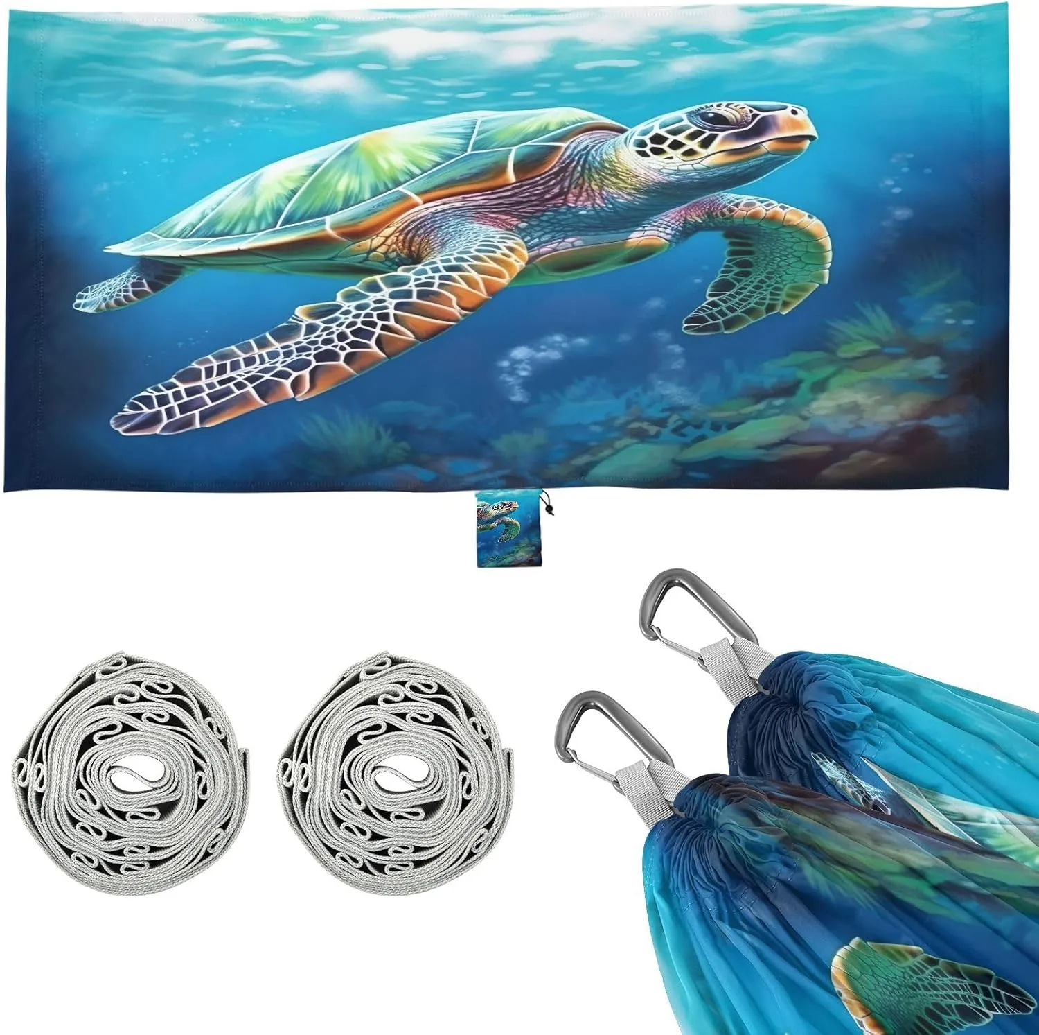 Sea Turtle Camping Hammock, Single Portable Hammocks with Tree Straps & Attached Carry Bag, 330Lbs Capacity Perfect for Outside Indoor Hiking Beach Backpack Travel