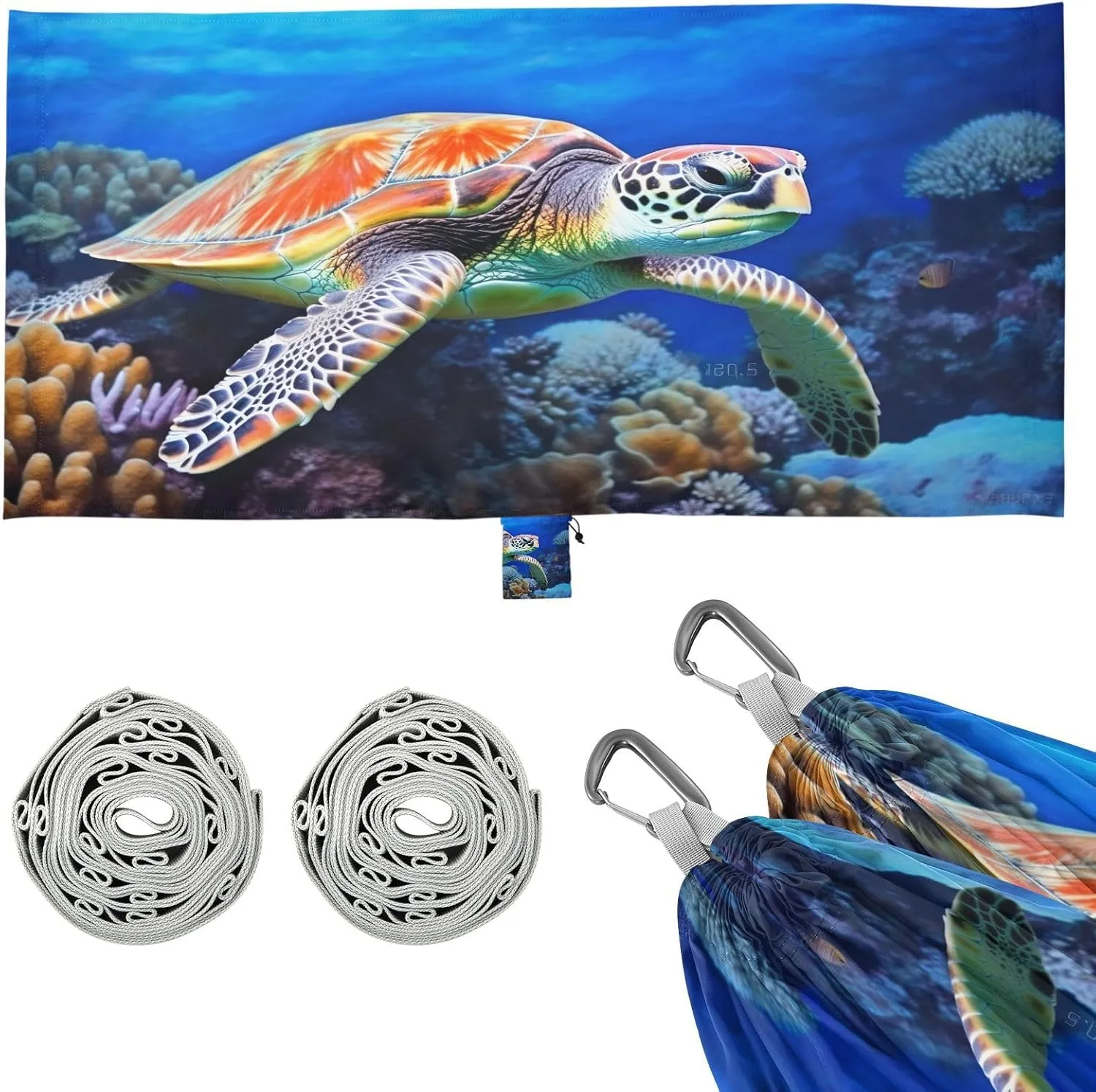 Sea Turtle Camping Hammock, Single Portable Hammocks with Tree Straps & Attached Carry Bag, 330Lbs Capacity Perfect for Outside Indoor Hiking Beach Backpack Travel