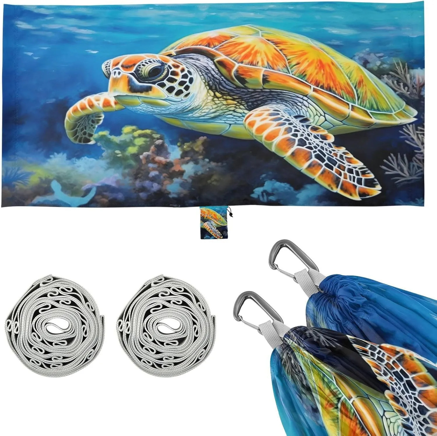 Sea Turtle Camping Hammock, Single Portable Hammocks with Tree Straps & Attached Carry Bag, 330Lbs Capacity Perfect for Outside Indoor Hiking Beach Backpack Travel
