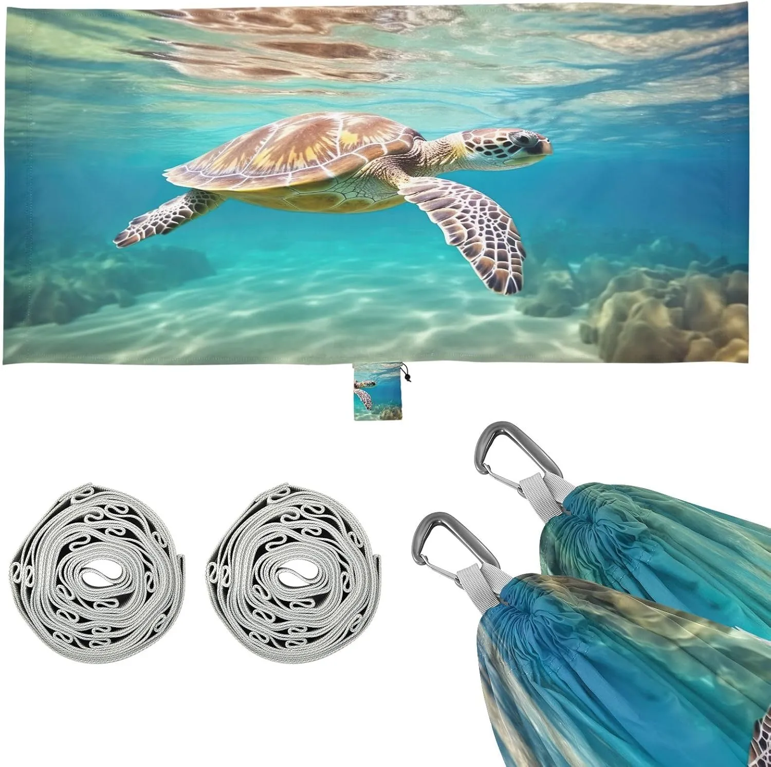 Sea Turtle Camping Hammock, Single Portable Hammocks with Tree Straps & Attached Carry Bag, 330Lbs Capacity Perfect for Outside Indoor Hiking Beach Backpack Travel