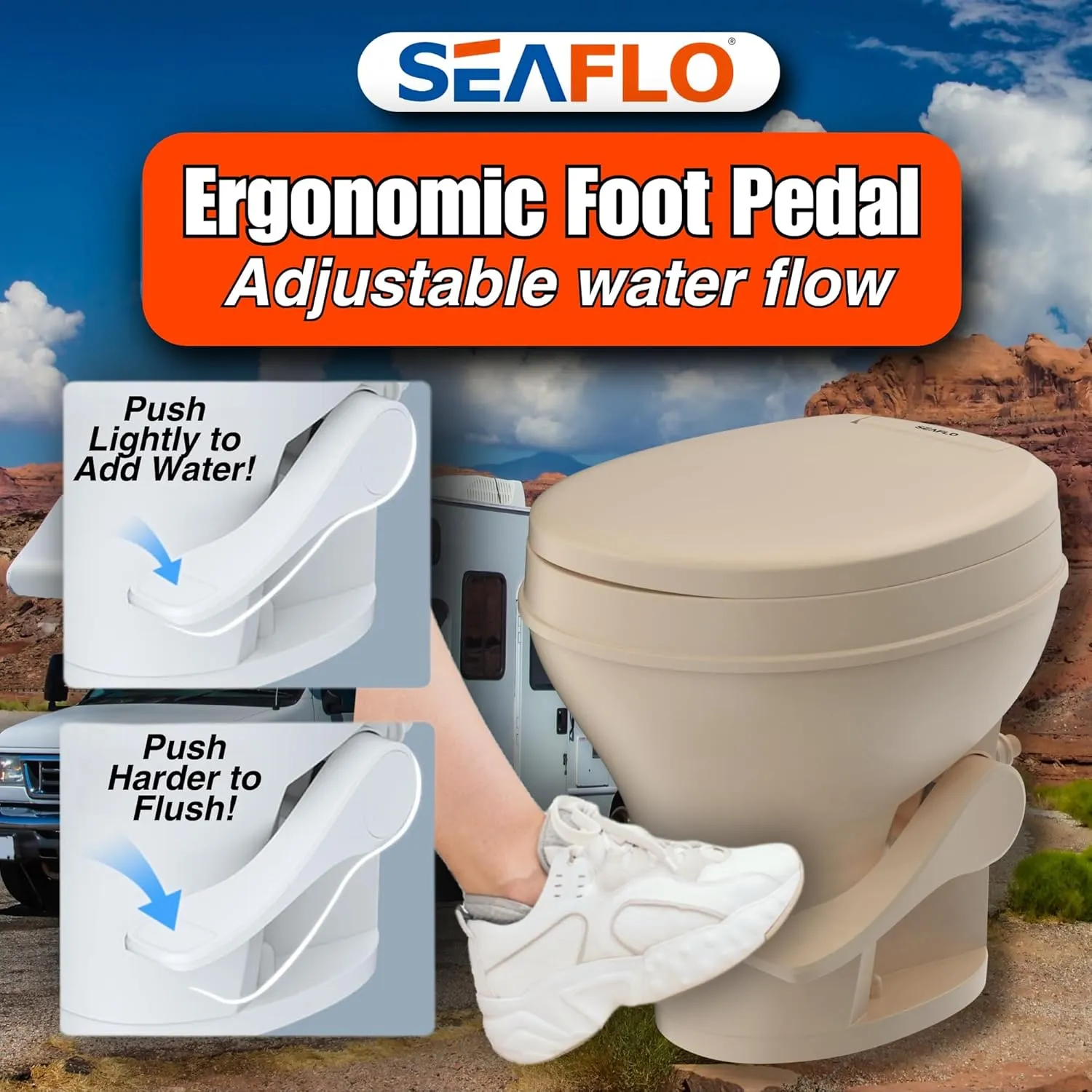 SEAFLO Residential Height Camper/RV Toilet, 18.5” Standard Height, Gravity Flush System, Foot Pedal Operation, Soft Close Seat, Easy-to-Clean Oversized Bowl, 4-Year Warranty (Bone Color)
