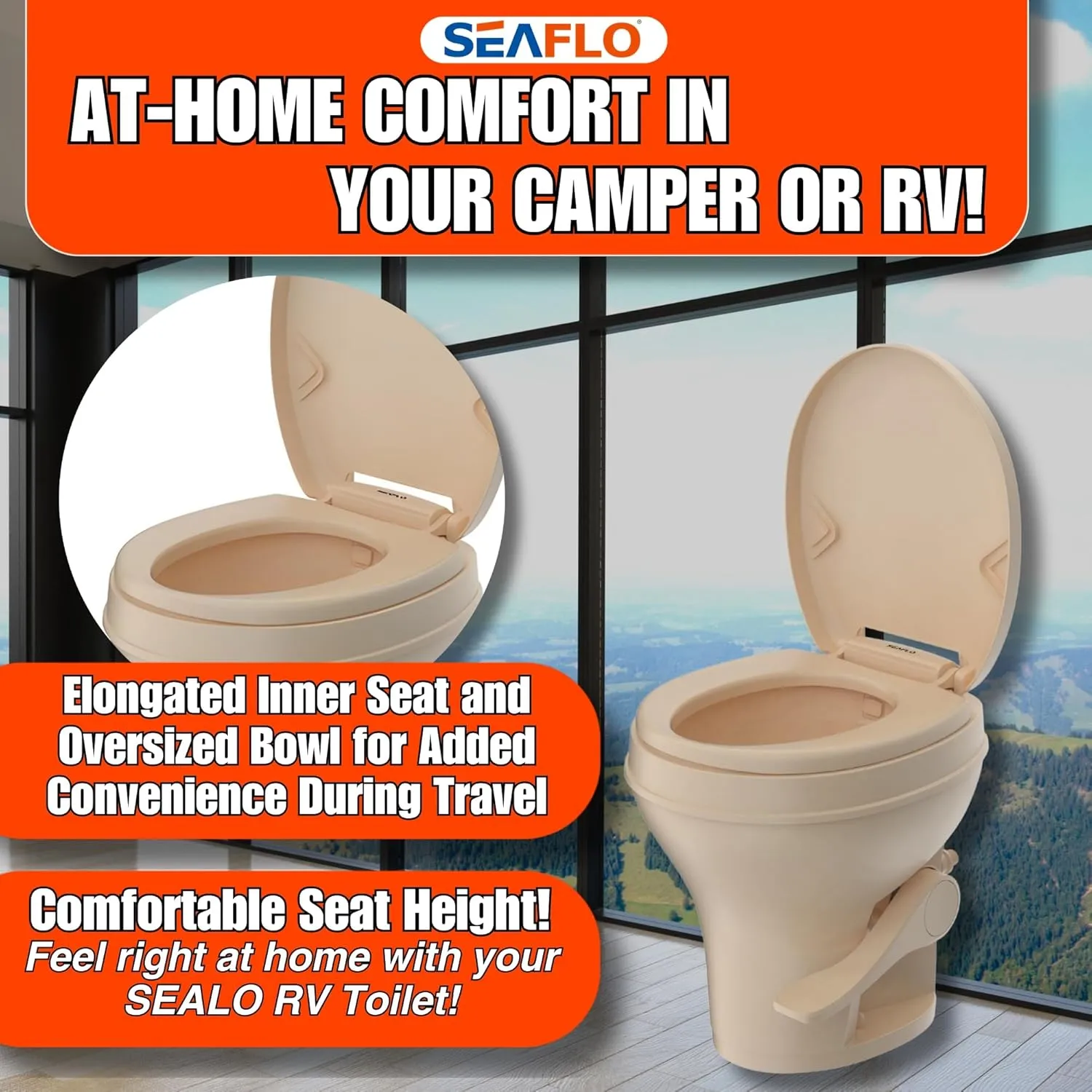 SEAFLO Residential Height Camper/RV Toilet, 18.5” Standard Height, Gravity Flush System, Foot Pedal Operation, Soft Close Seat, Easy-to-Clean Oversized Bowl, 4-Year Warranty (Bone Color)