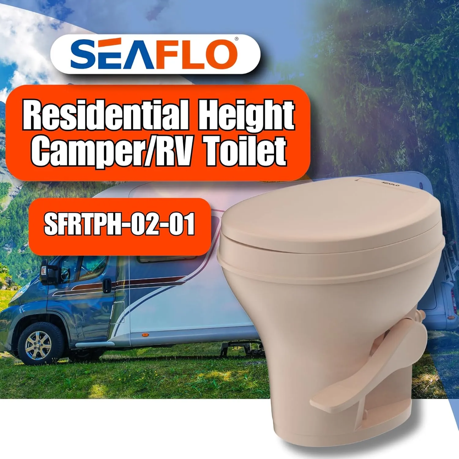 SEAFLO Residential Height Camper/RV Toilet, 18.5” Standard Height, Gravity Flush System, Foot Pedal Operation, Soft Close Seat, Easy-to-Clean Oversized Bowl, 4-Year Warranty (Bone Color)