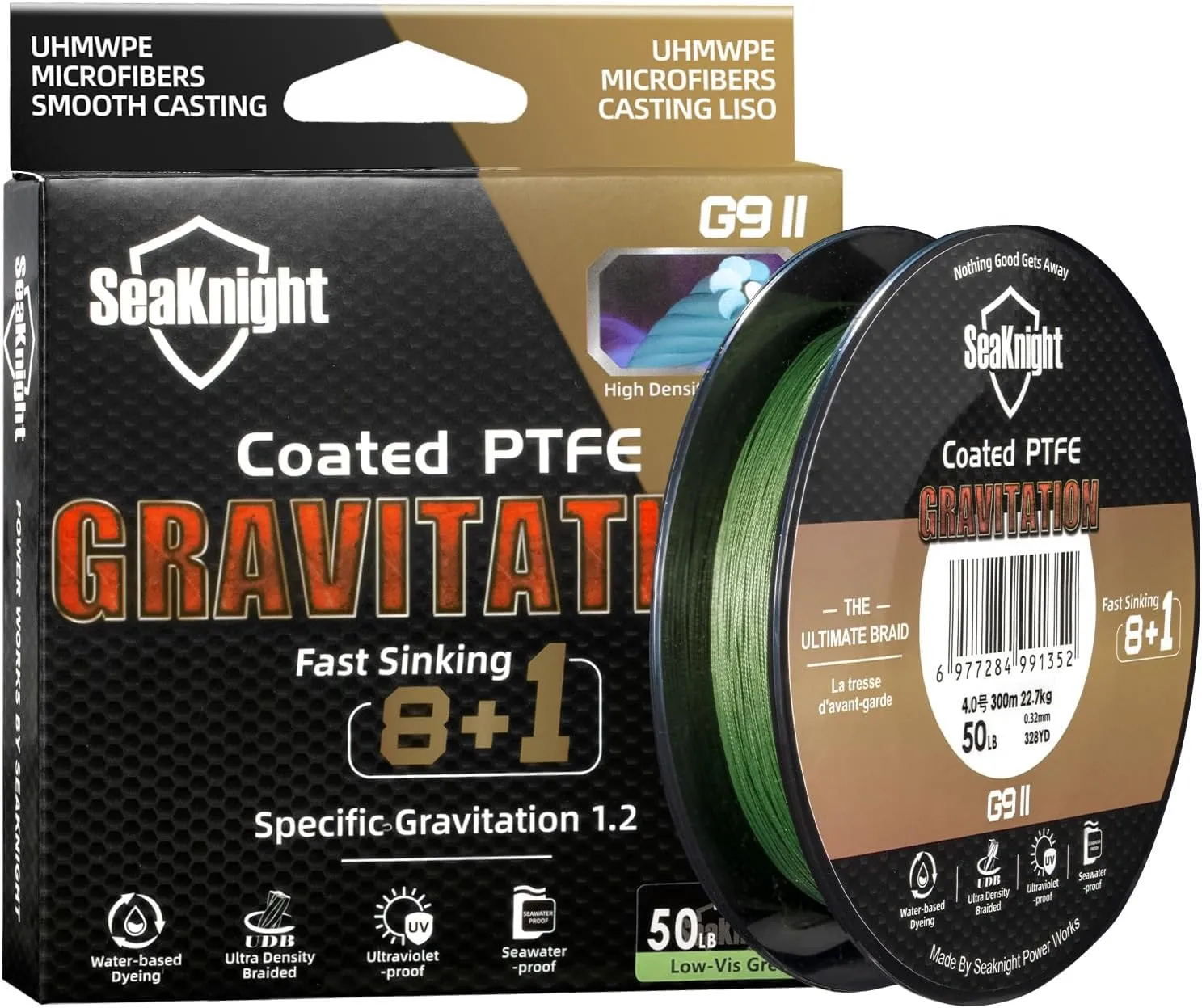 SeaKnight G9 II 8 1 Braide line, 9 Strands Braided Fishing Line Fast Sinking Fishing Line 164Yds/328Yds Seawater-Proof UV-Proof Coated PTFE Sea Fishing Line Braid 17-80LB