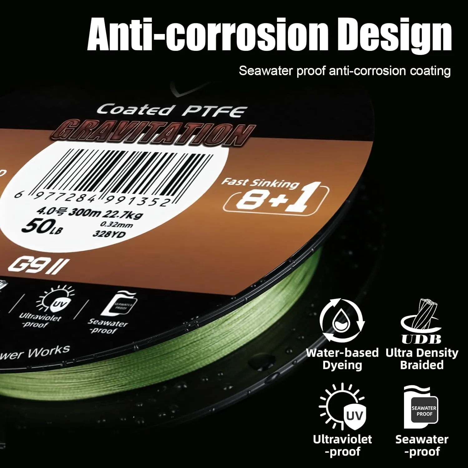 SeaKnight G9 II 8 1 Braide line, 9 Strands Braided Fishing Line Fast Sinking Fishing Line 164Yds/328Yds Seawater-Proof UV-Proof Coated PTFE Sea Fishing Line Braid 17-80LB
