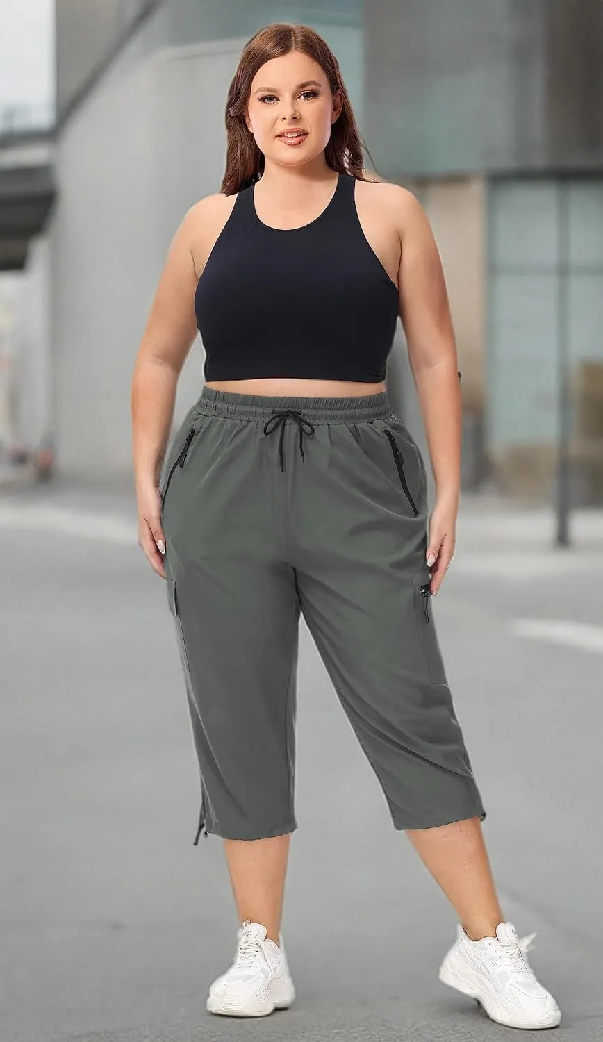 SEKINO Women's Plus Size Cargo Hiking Capris Pants Lightweight Quick Dry Travel Athletic Workout Outdoor Zipper Pockets Pants