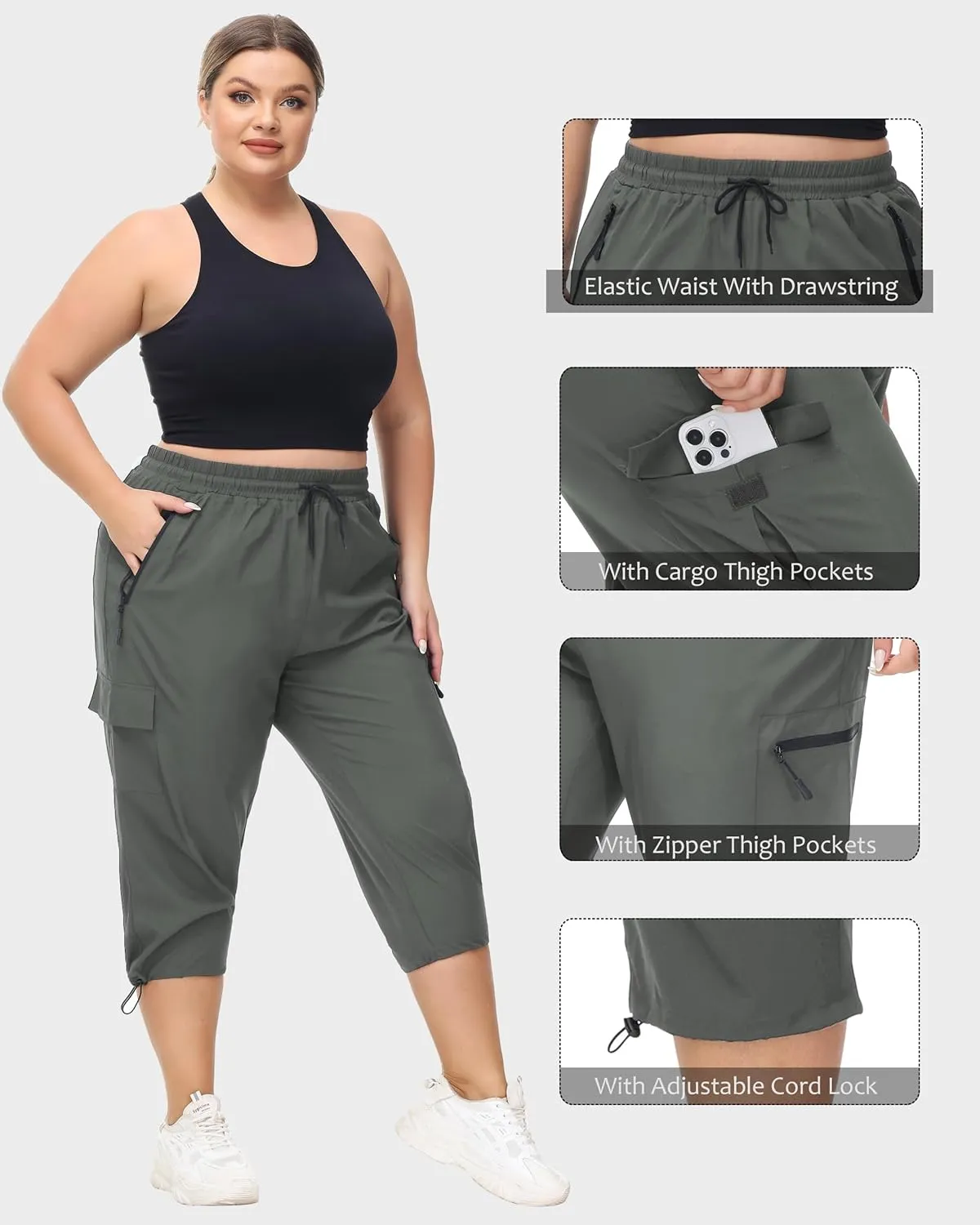 SEKINO Women's Plus Size Cargo Hiking Capris Pants Lightweight Quick Dry Travel Athletic Workout Outdoor Zipper Pockets Pants
