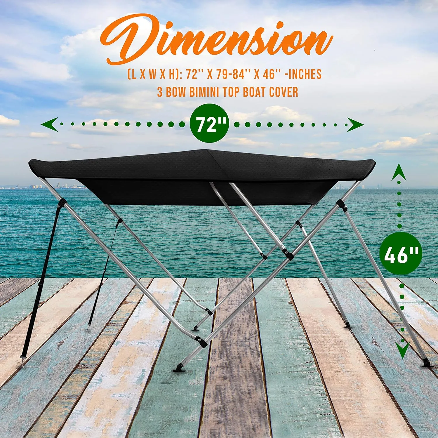 SereneLife 3 Bow Bimini Top Boat Cover – 72" L x 79-84" W x 46" H, Aluminum Frame, Waterproof & UV-Resistant, Easy Install with Front Straps, Rear Support Arms & Free Storage Boot (Gray)