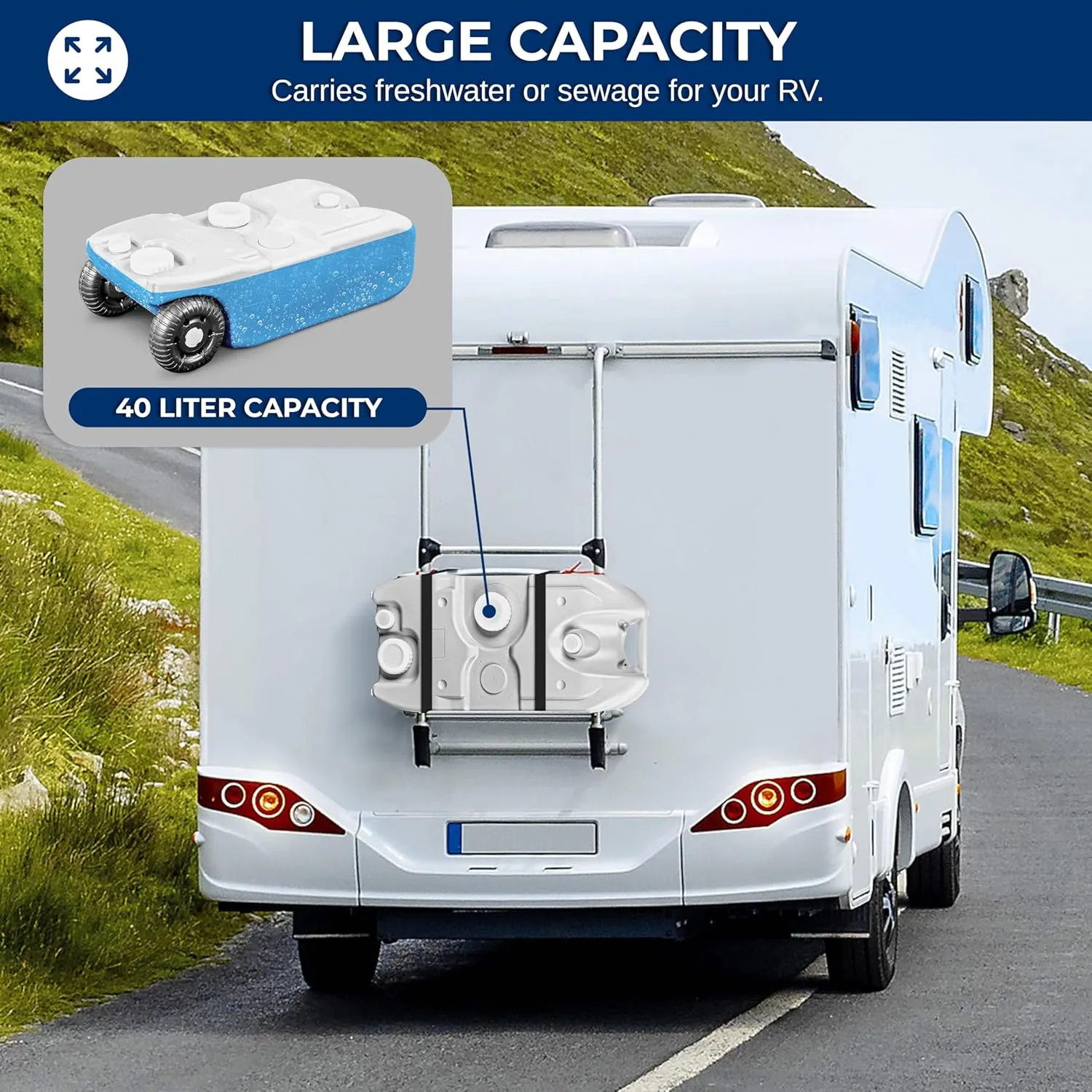 SereneLife 40L RV Portable Water Tank with Metal Handle and Large Wheels, Ideal Water Storage Container for Camping and Outdoor Activities, Fresh Water or Sewage Holding Tank, Easy to Use