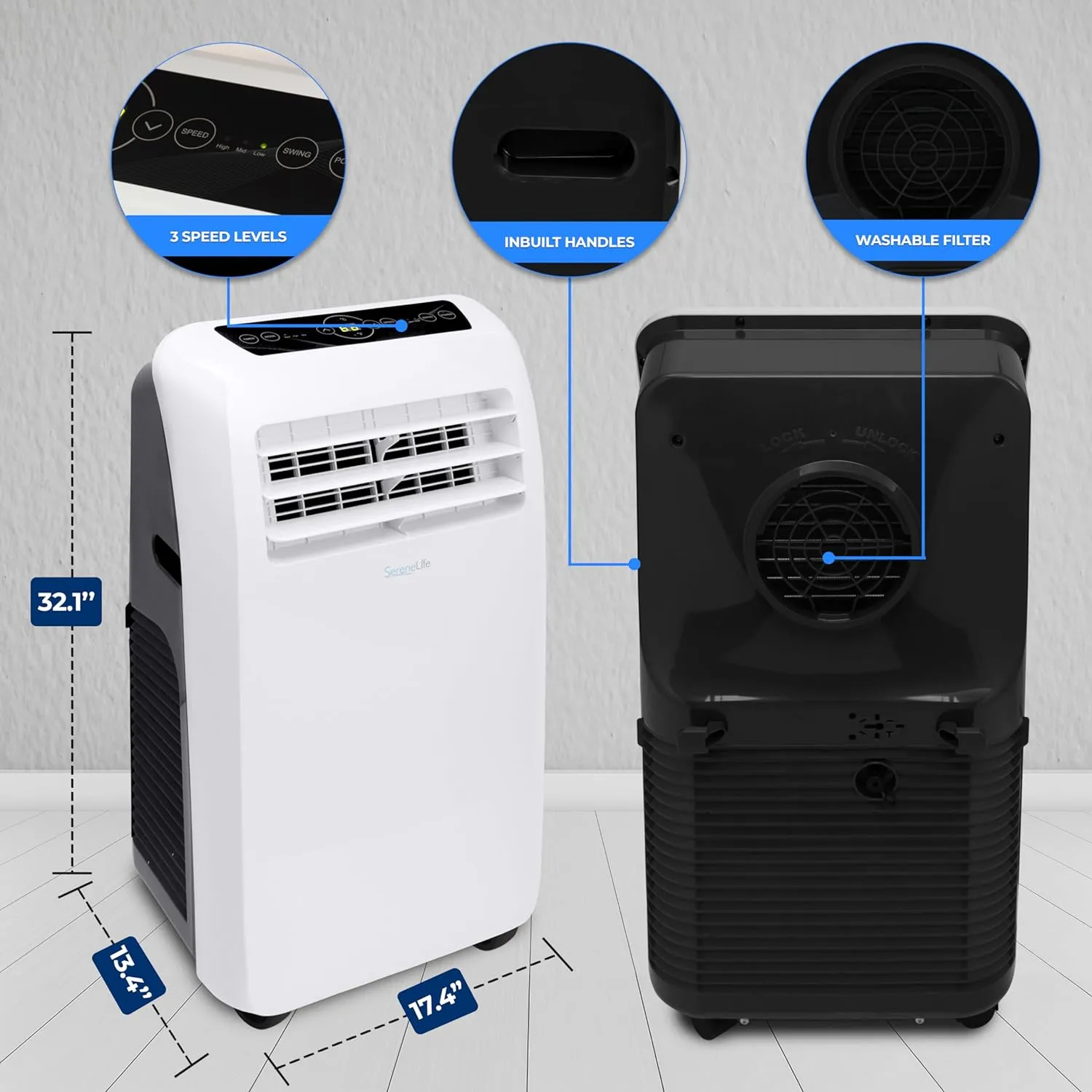 SereneLife Small Air Conditioner Portable 10,000 BTU with Built-in Dehumidifier - Portable AC unit for rooms up to 450 sq ft - Remote Control, Window Mount Exhaust Kit
