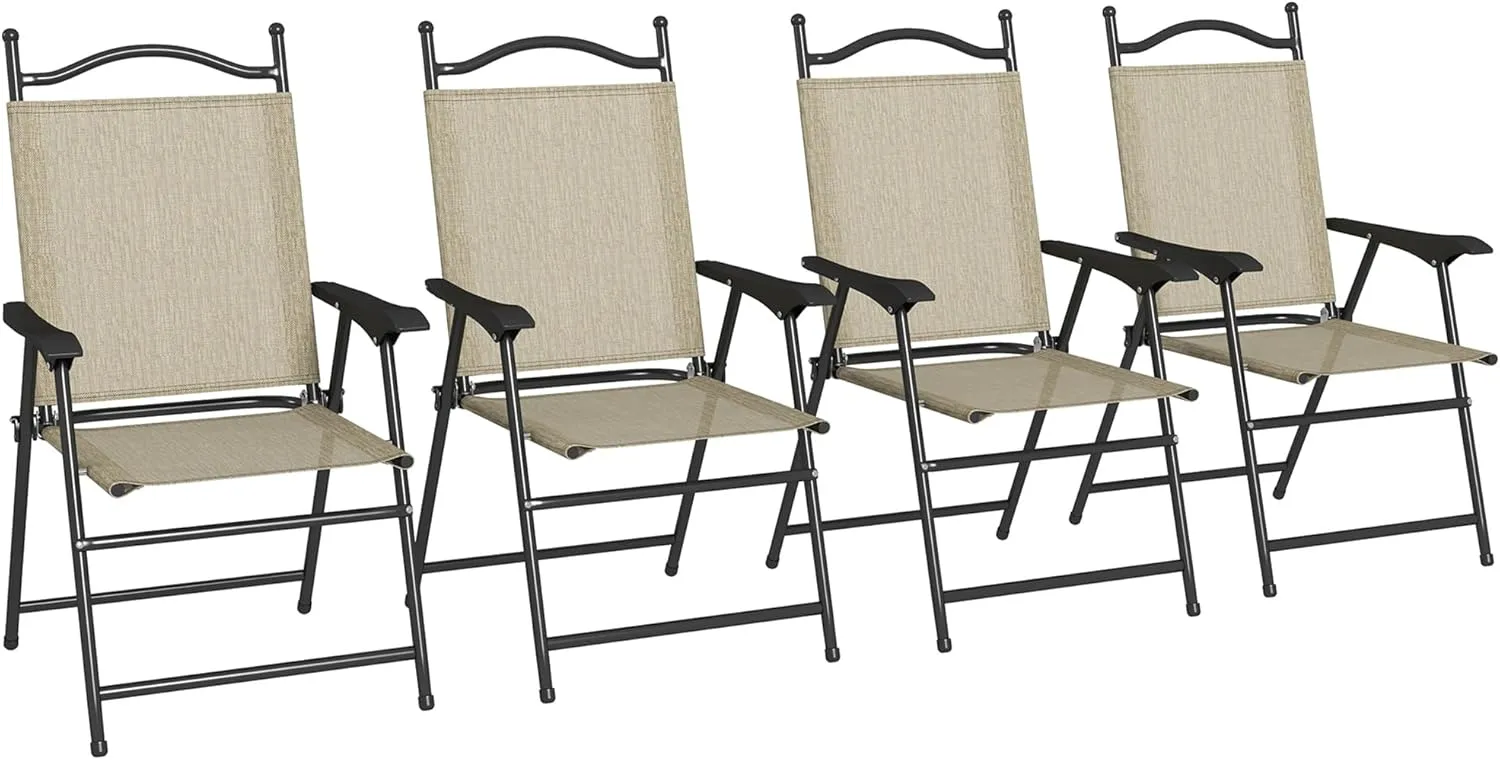Set of 4 Sports Chairs for Adults, Camping Chairs with Armrests, Breathable Mesh Fabric Seat for Lawn, Beige RR86