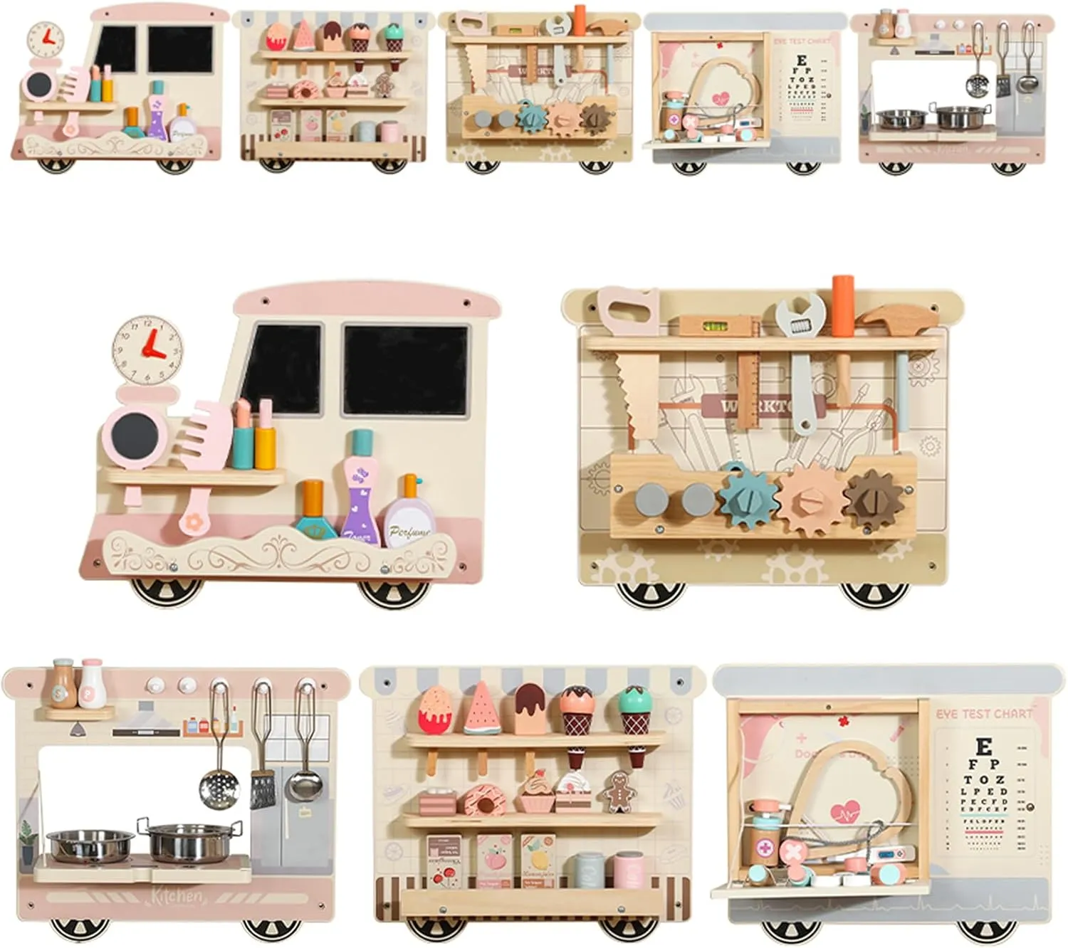 SHIERDU Interactive Train Wall Busy Game for Kids - 5-in-1 Role-Play Activity Set with Wooden Toolboxes, Kitchen, Doctor Kit & More! Wall-Mounted Learning Toy for Preschoolers (3 ), STEM Play