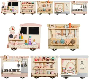 SHIERDU Interactive Train Wall Busy Game for Kids - 5-in-1 Role-Play Activity Set with Wooden Toolboxes, Kitchen, Doctor Kit & More! Wall-Mounted Learning Toy for Preschoolers (3 ), STEM Play