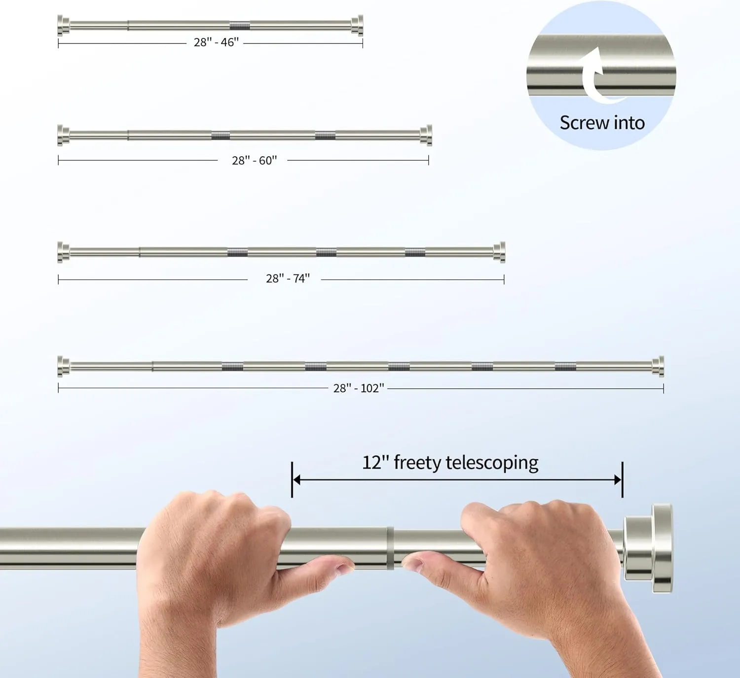 Shower Curtain Rod, 1" Diameter Heavy Duty Tension Shower Rod, Non Slip Adjustable 28-74 inch No Drill Shower Curtain Rods Spring Tension For Bathroom, Shower Stall, No Rust, Brushed Nickel