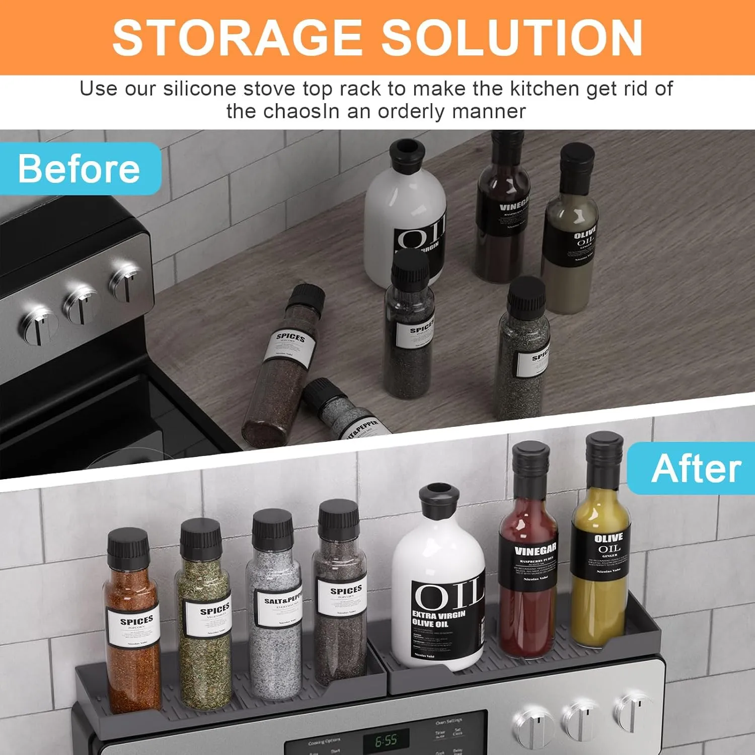 Silicone Stove Mat & Spice Rack Set: Stove Top Cover for Electric Stove, Glass Top Stove Protector for Range top, Extra Cook Space Store（Gray,28x20）