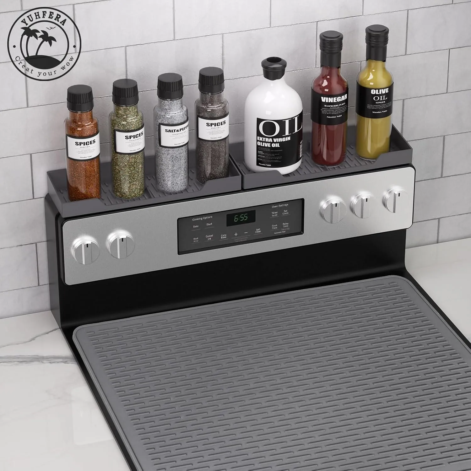 Silicone Stove Mat & Spice Rack Set: Stove Top Cover for Electric Stove, Glass Top Stove Protector for Range top, Extra Cook Space Store（Gray,28x20）
