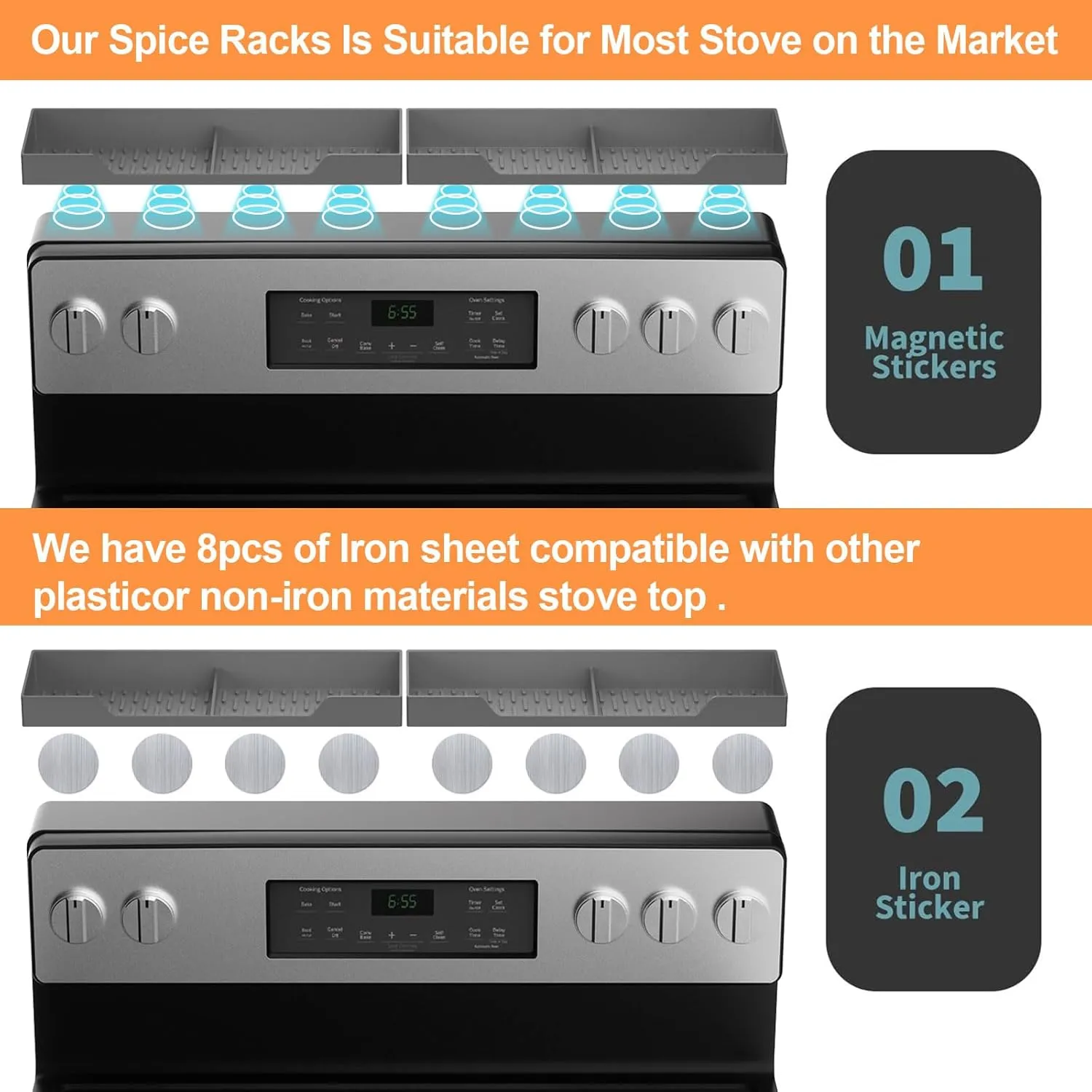 Silicone Stove Mat & Spice Rack Set: Stove Top Cover for Electric Stove, Glass Top Stove Protector for Range top, Extra Cook Space Store（Gray,28x20）