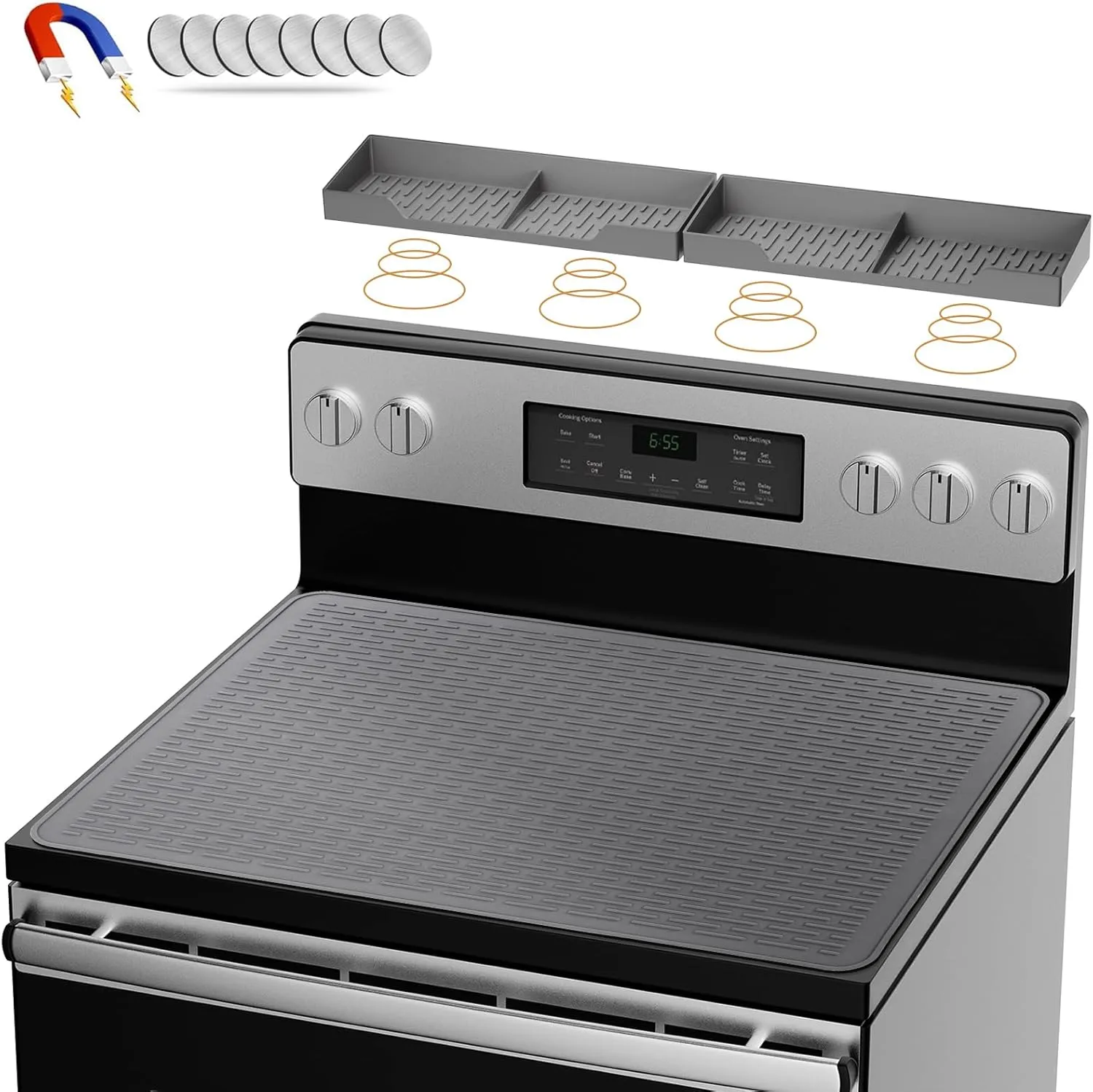 Silicone Stove Mat & Spice Rack Set: Stove Top Cover for Electric Stove, Glass Top Stove Protector for Range top, Extra Cook Space Store（Gray,28x20）