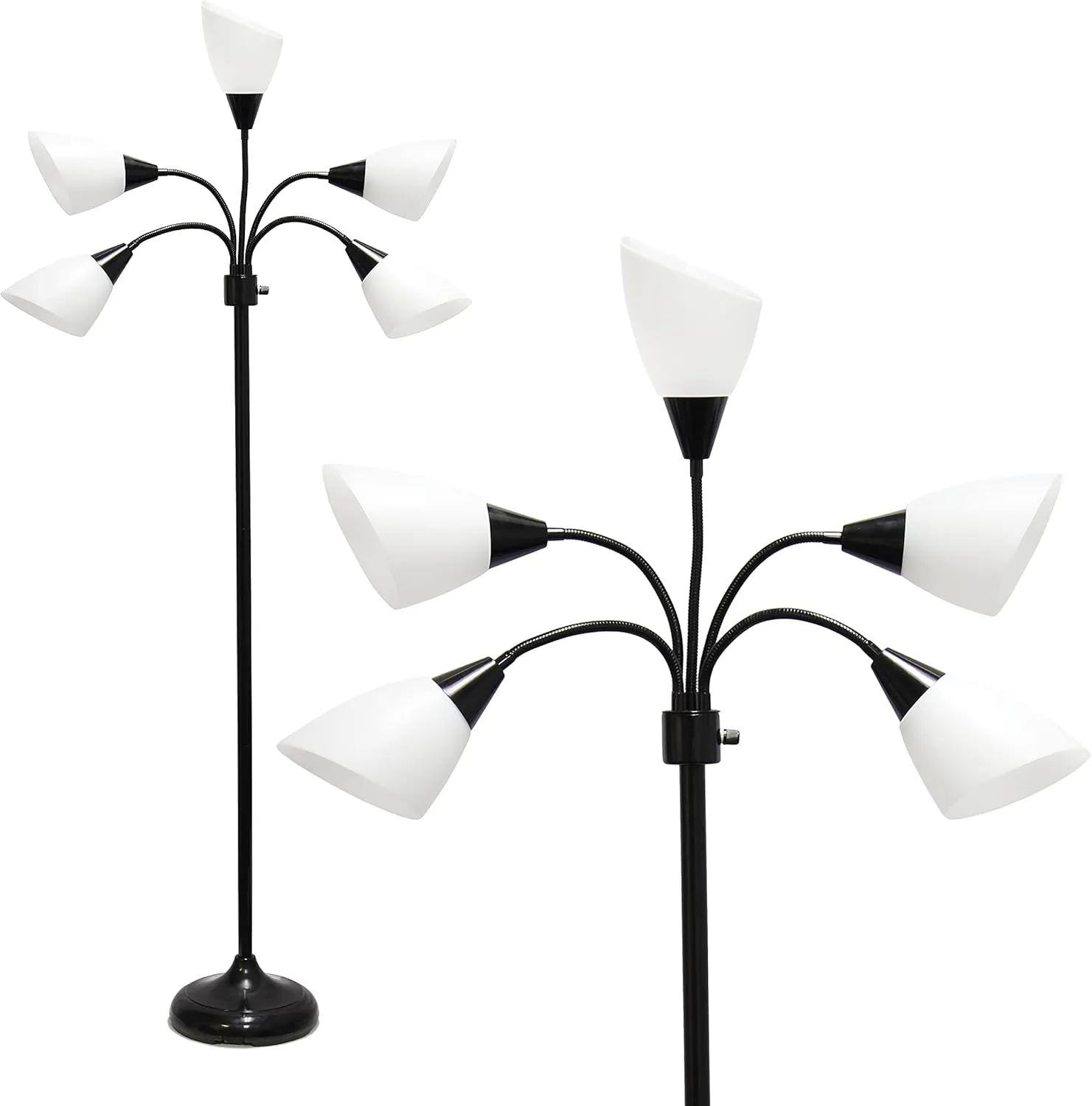 Simple Designs LF2006-BAW 67" Contemporary Multi Head Medusa 5 Light Adjustable Gooseneck Black Floor Lamp with White Shades for Kids Bedroom Playroom Living Room Office