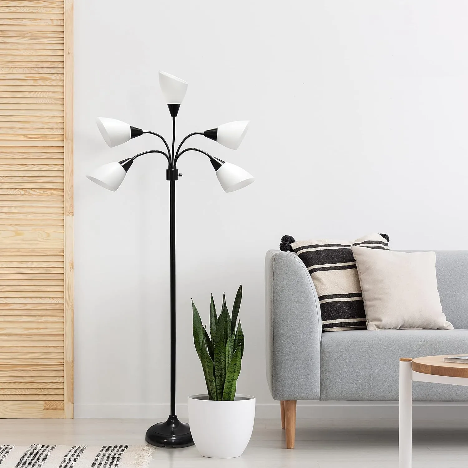 Simple Designs LF2006-BAW 67" Contemporary Multi Head Medusa 5 Light Adjustable Gooseneck Black Floor Lamp with White Shades for Kids Bedroom Playroom Living Room Office