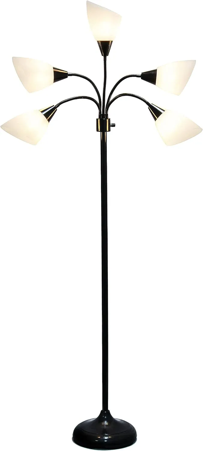 Simple Designs LF2006-BAW 67" Contemporary Multi Head Medusa 5 Light Adjustable Gooseneck Black Floor Lamp with White Shades for Kids Bedroom Playroom Living Room Office