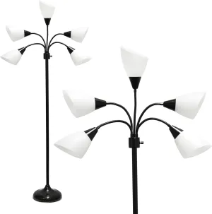 Simple Designs LF2006-BAW 67" Contemporary Multi Head Medusa 5 Light Adjustable Gooseneck Black Floor Lamp with White Shades for Kids Bedroom Playroom Living Room Office