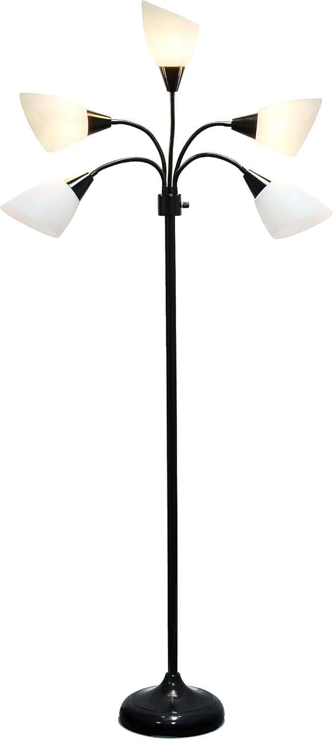 Simple Designs LF2006-BAW 67" Contemporary Multi Head Medusa 5 Light Adjustable Gooseneck Black Floor Lamp with White Shades for Kids Bedroom Playroom Living Room Office