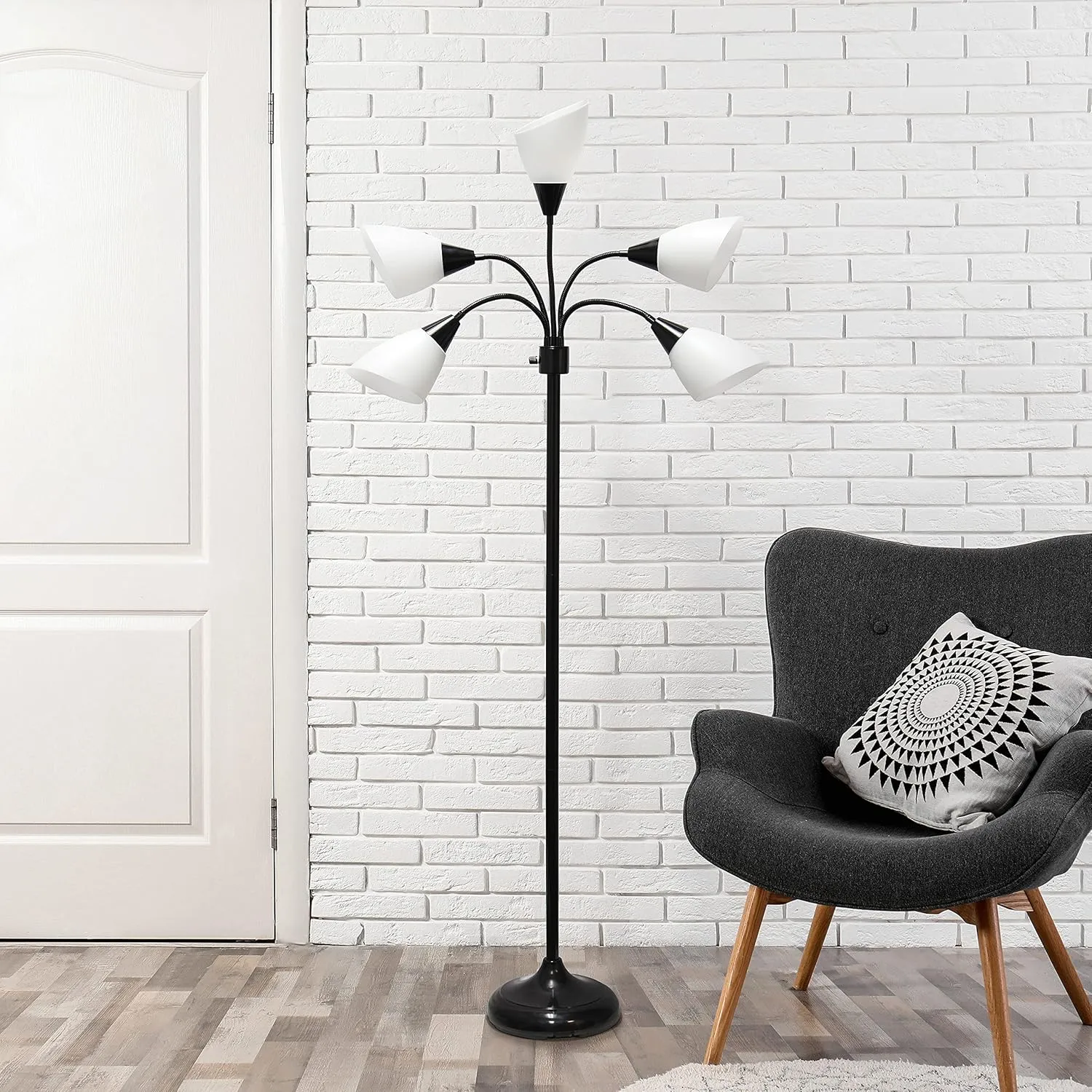 Simple Designs LF2006-BAW 67" Contemporary Multi Head Medusa 5 Light Adjustable Gooseneck Black Floor Lamp with White Shades for Kids Bedroom Playroom Living Room Office