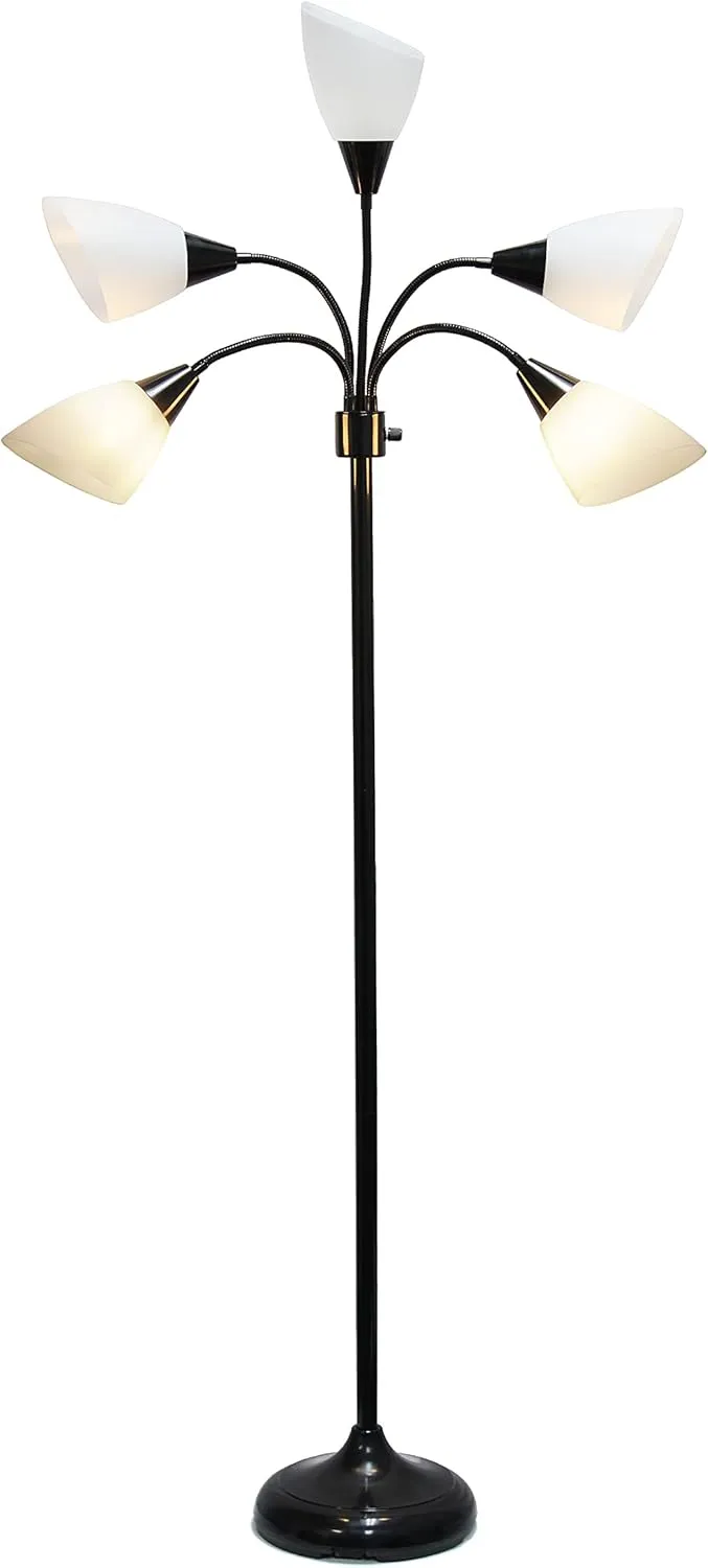 Simple Designs LF2006-BAW 67" Contemporary Multi Head Medusa 5 Light Adjustable Gooseneck Black Floor Lamp with White Shades for Kids Bedroom Playroom Living Room Office