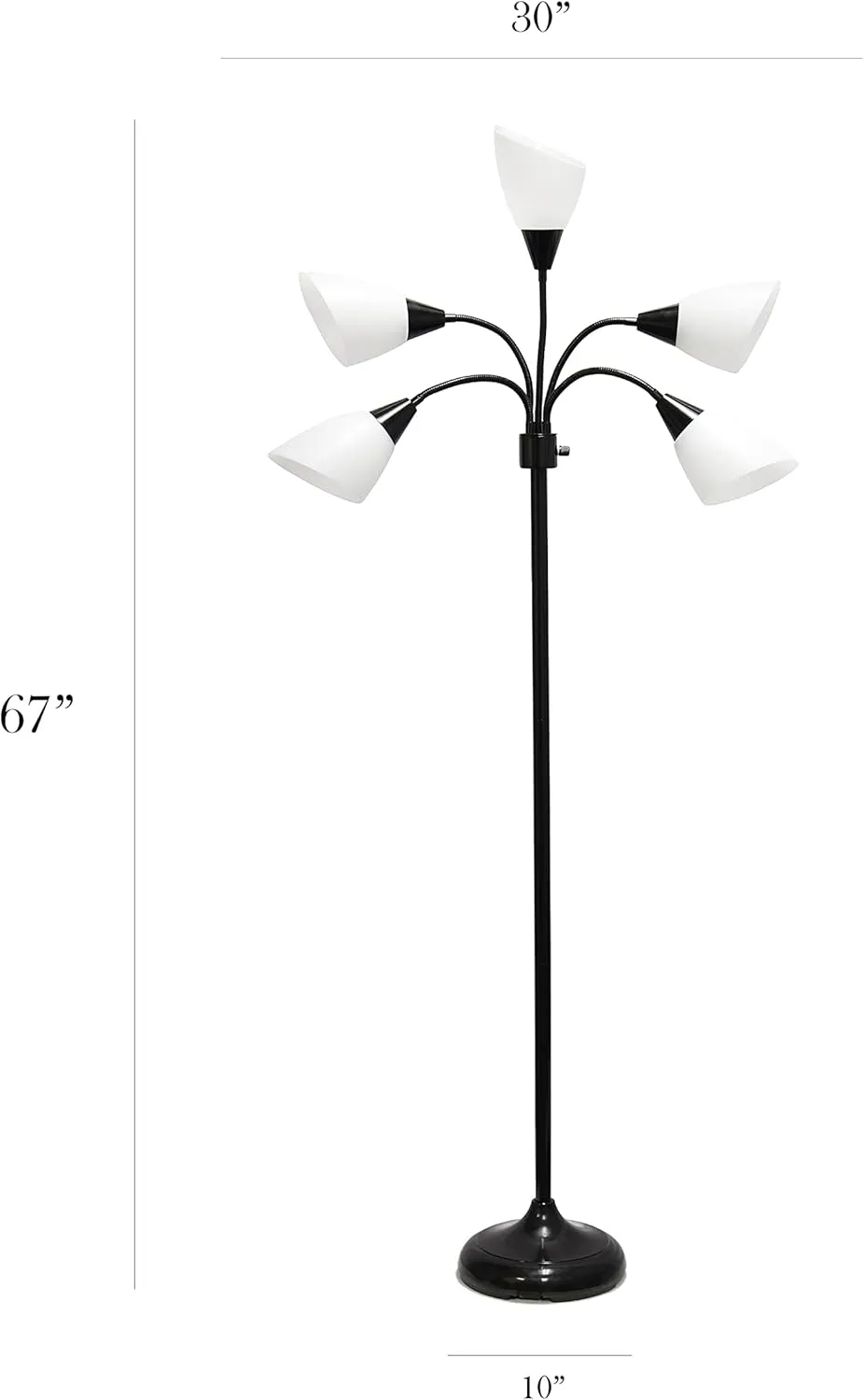 Simple Designs LF2006-BAW 67" Contemporary Multi Head Medusa 5 Light Adjustable Gooseneck Black Floor Lamp with White Shades for Kids Bedroom Playroom Living Room Office