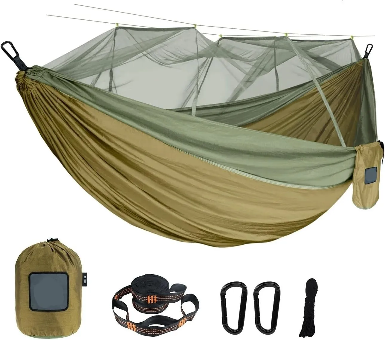 Single and Double Size Nylon Fabric Portable Travel Outdoor Camping Hanging Sleeping Hammock with Mosquito Net for Terrace, Outdoor(Single Orange Grey)