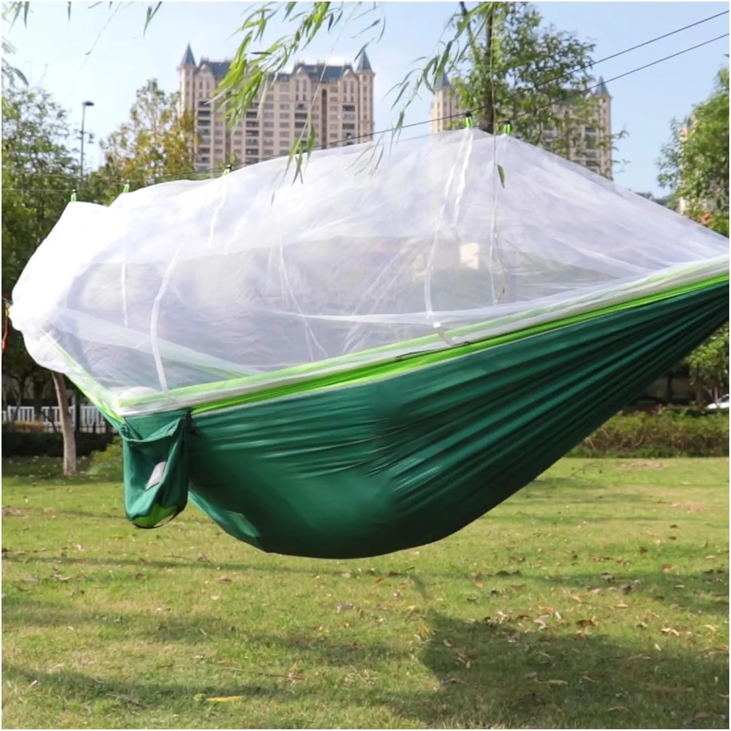 Single and Double Size Nylon Fabric Portable Travel Outdoor Camping Hanging Sleeping Hammock with Mosquito Net for Terrace, Outdoor(Single Orange Grey)